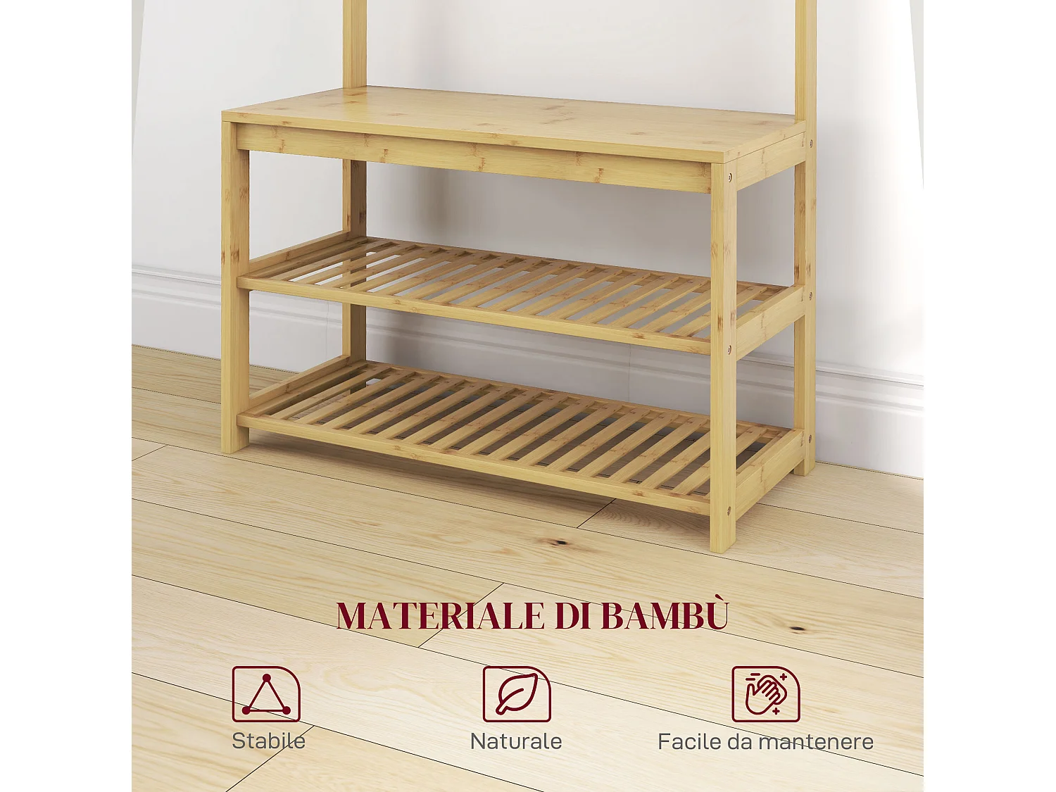 Mobile appendiabiti in bambù con 10 ganci 2 aste e panca scarpiera