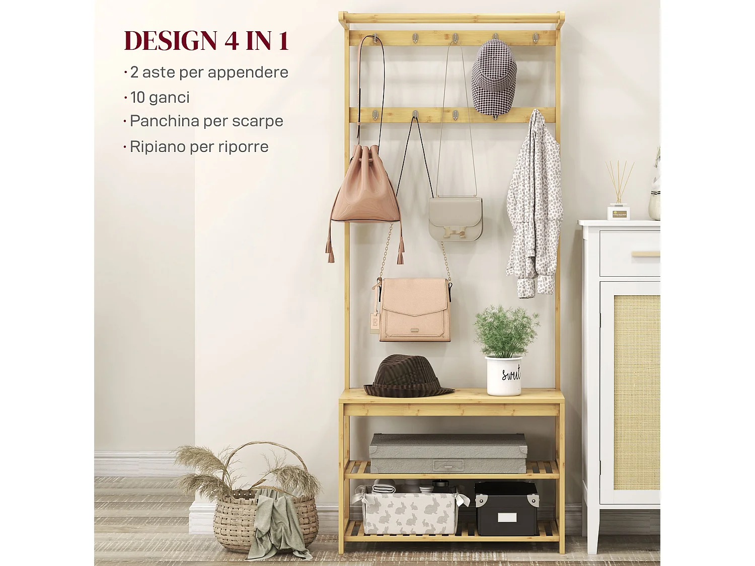 Mobile appendiabiti in bambù con 10 ganci 2 aste e panca scarpiera