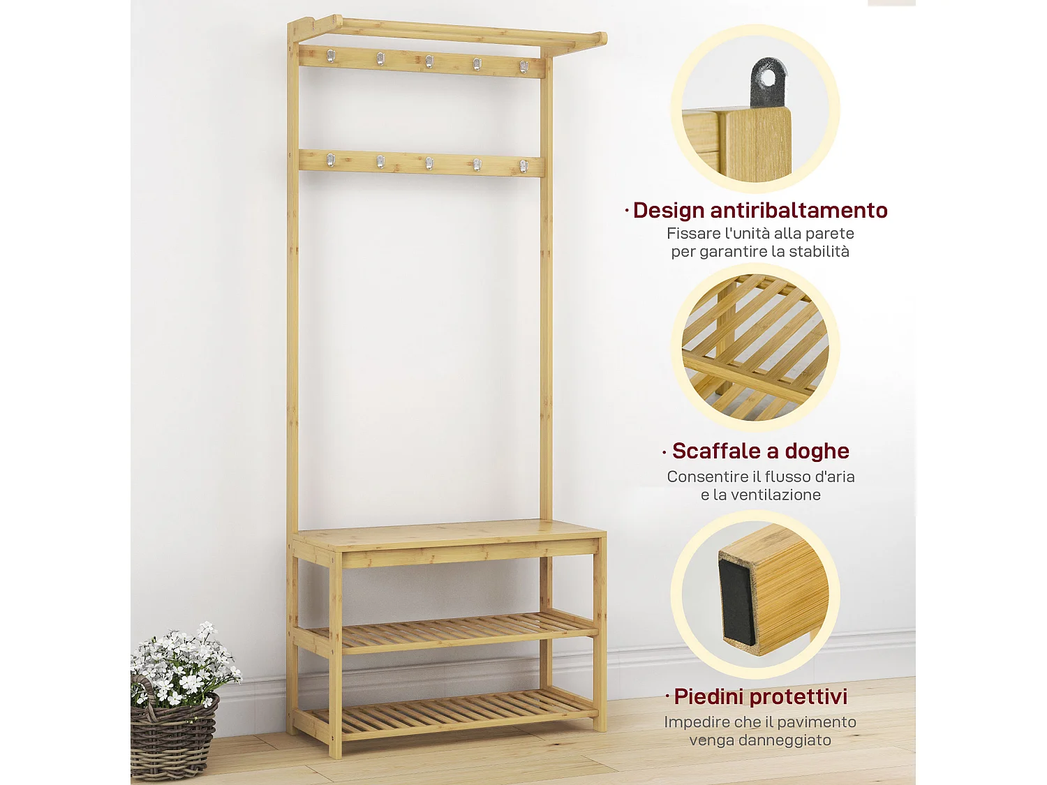 Mobile appendiabiti in bambù con 10 ganci 2 aste e panca scarpiera