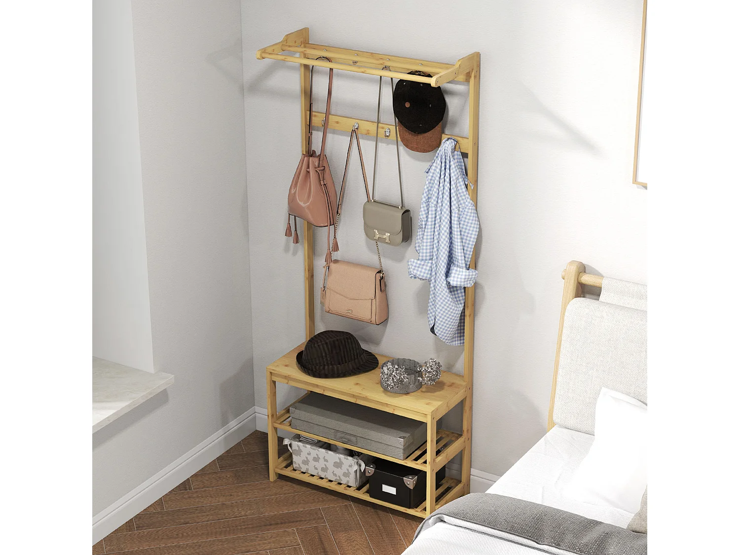 Mobile appendiabiti in bambù con 10 ganci 2 aste e panca scarpiera