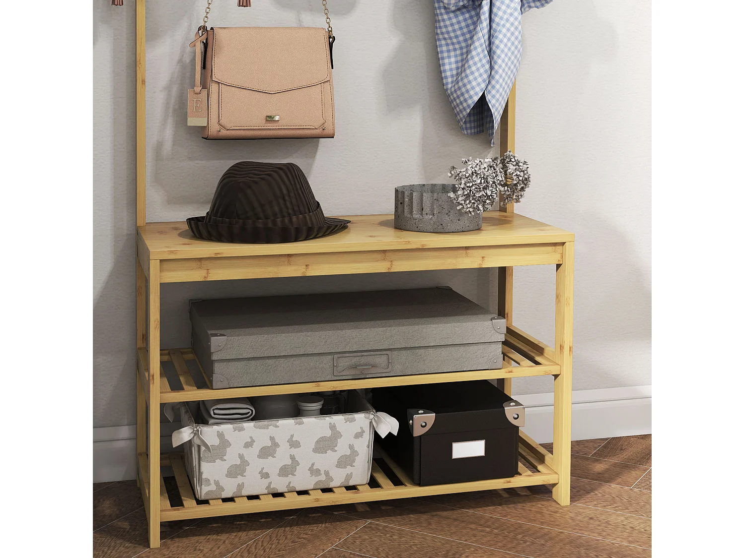 Mobile appendiabiti in bambù con 10 ganci 2 aste e panca scarpiera