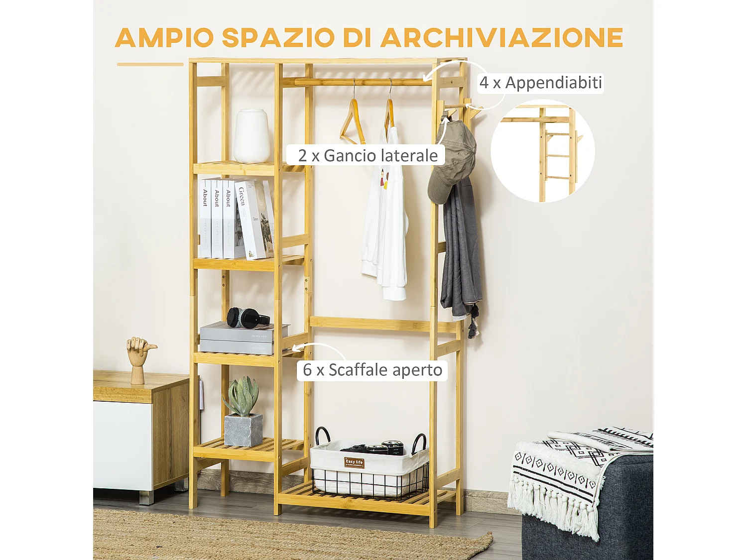 Appendiabiti in legno di bambù con mensole laterali 90x30x155cm