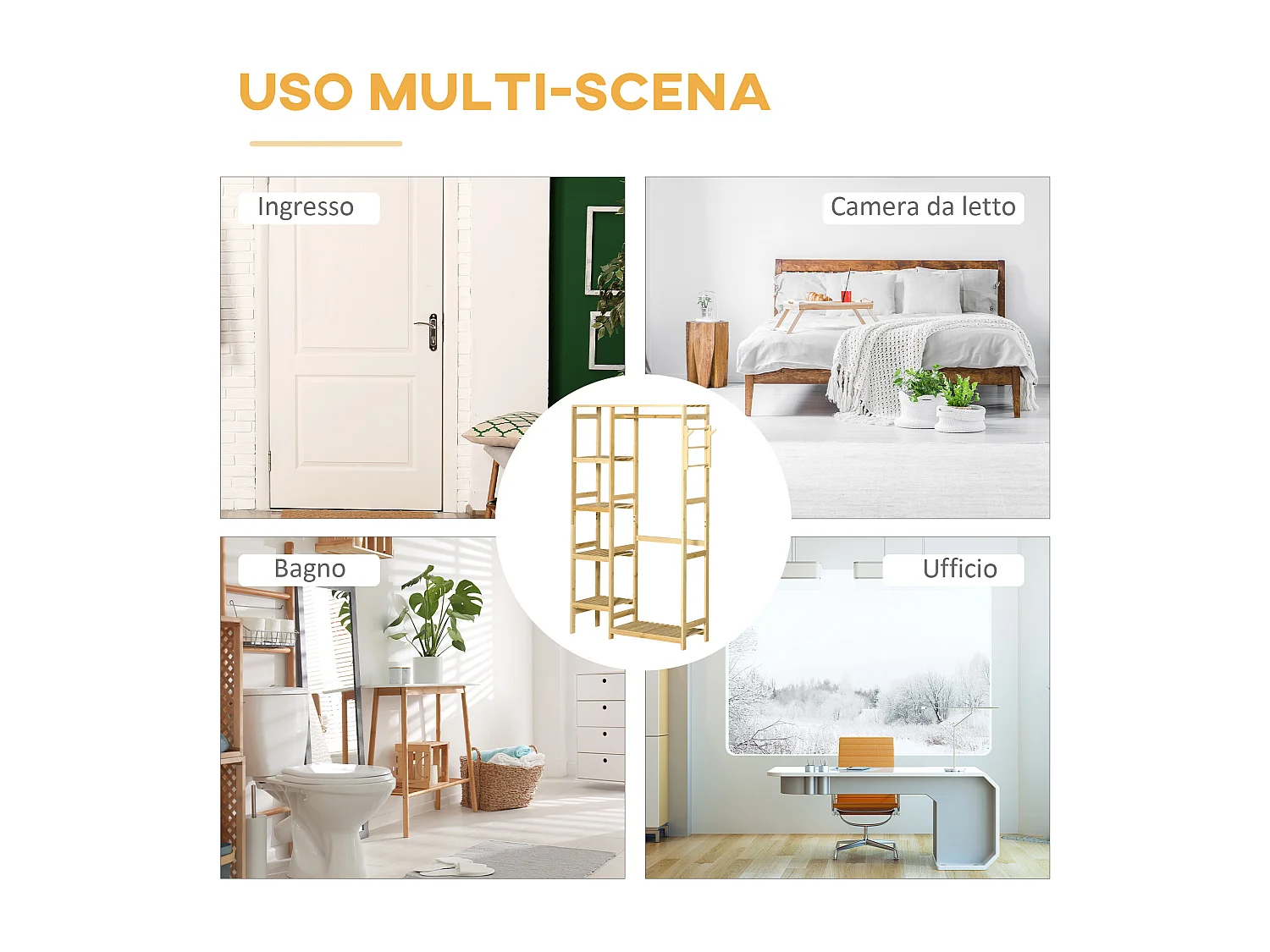 Appendiabiti in legno di bambù con mensole laterali 90x30x155cm