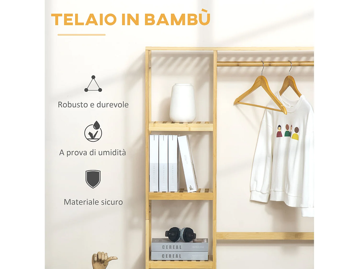 Appendiabiti in legno di bambù con mensole laterali 90x30x155cm