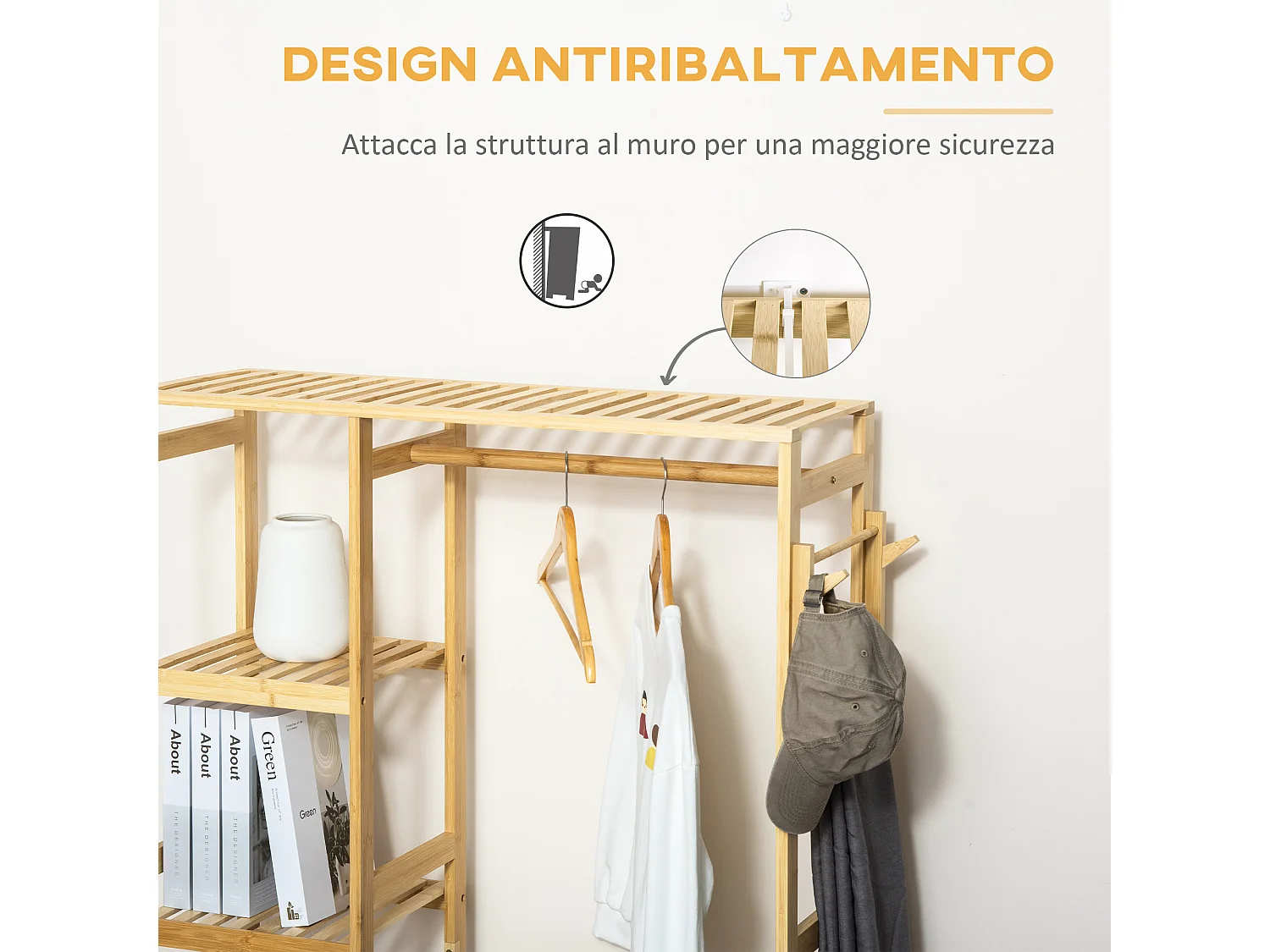 Appendiabiti in legno di bambù con mensole laterali 90x30x155cm