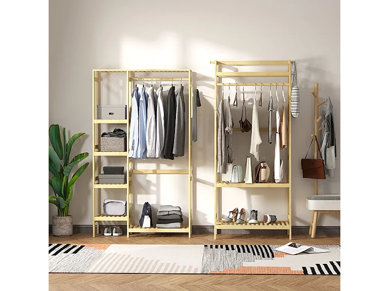 Appendiabiti in legno di bambù con mensole laterali 90x30x155cm