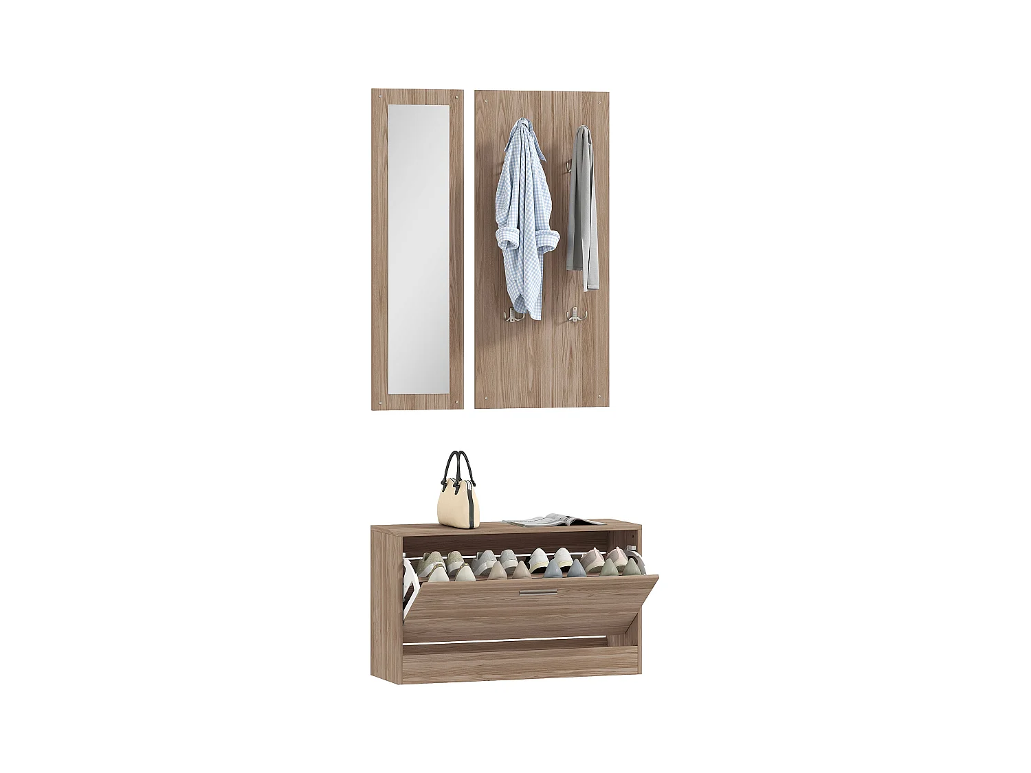 Set da ingresso con panca scarpiera appendiabiti e specchio in legno