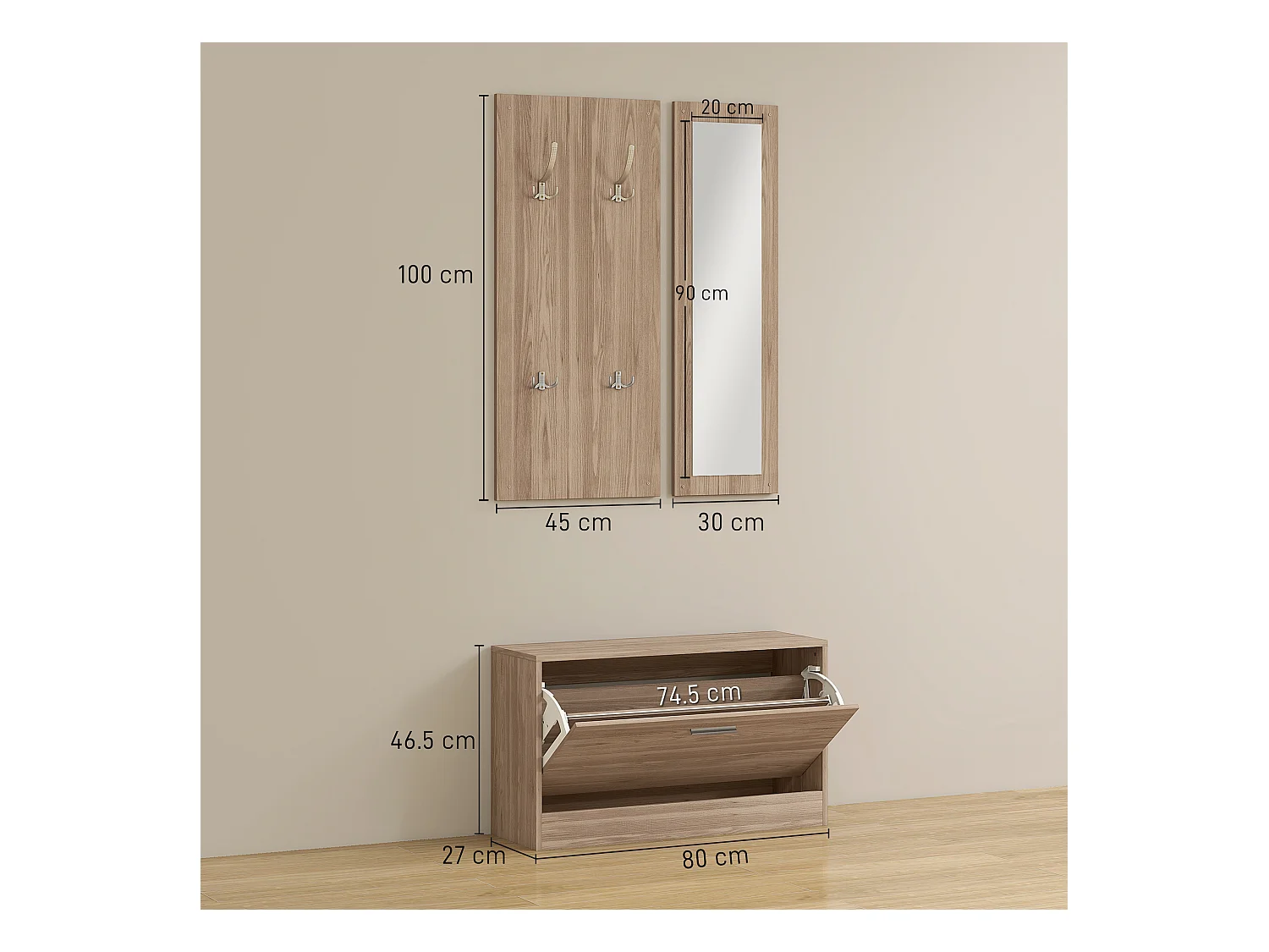 Set da ingresso con panca scarpiera appendiabiti e specchio in legno