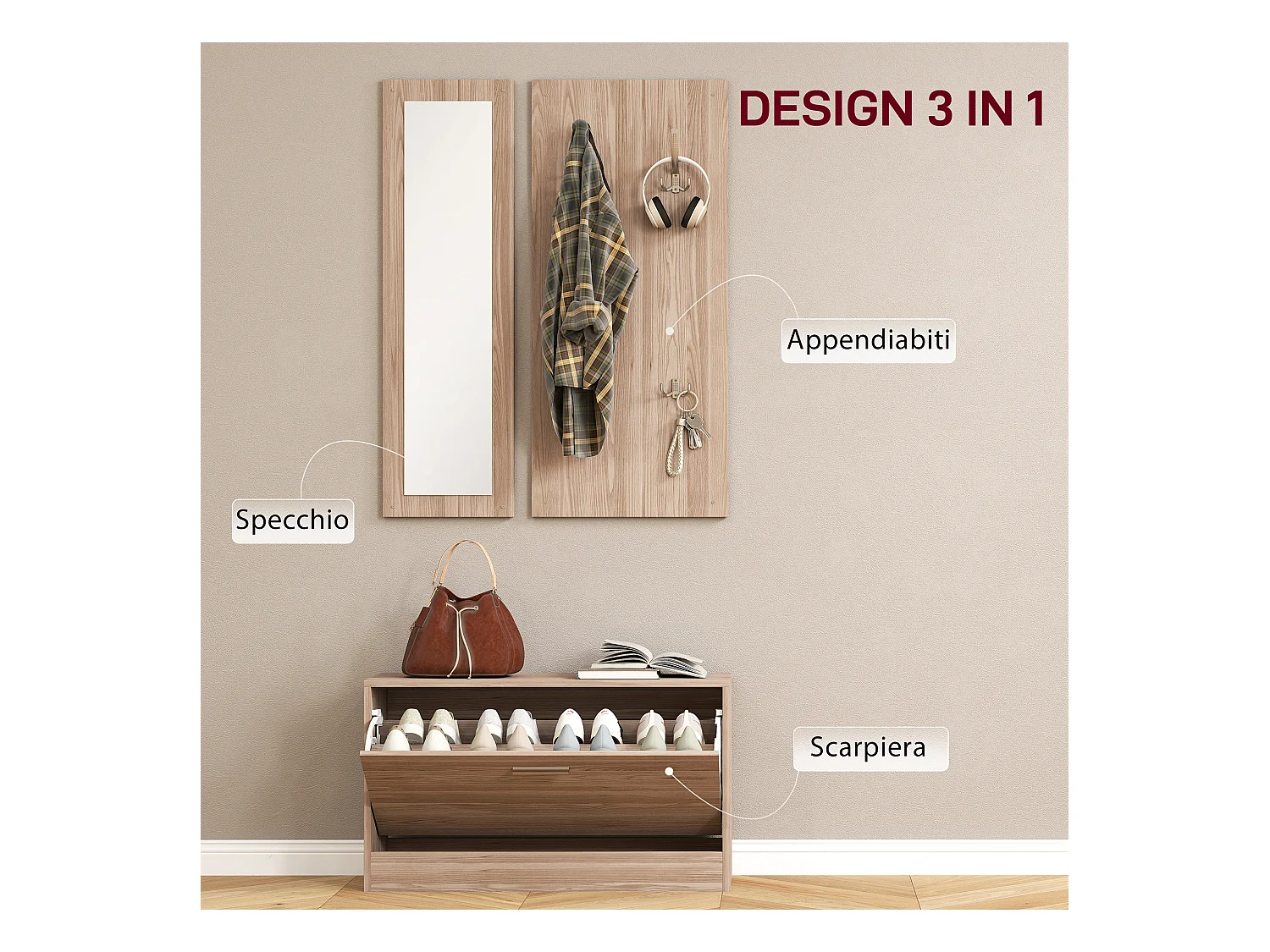 Set da ingresso con panca scarpiera appendiabiti e specchio in legno