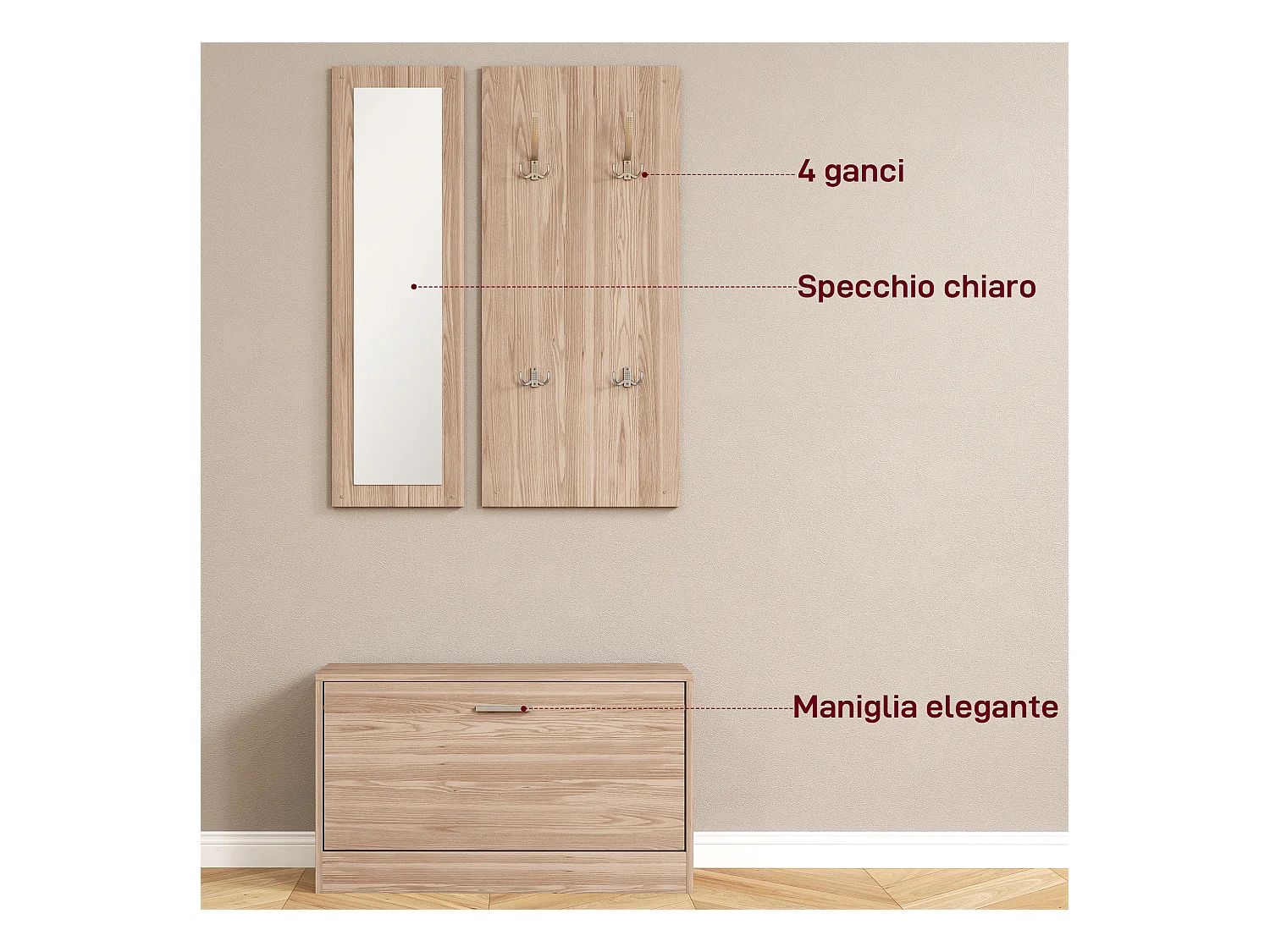Set da ingresso con panca scarpiera appendiabiti e specchio in legno