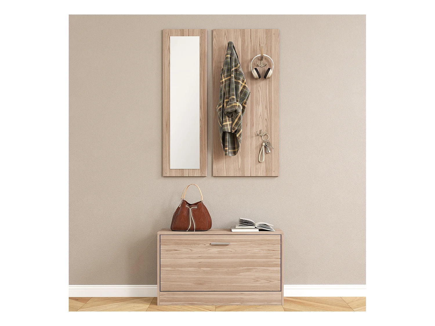 Set da ingresso con panca scarpiera appendiabiti e specchio in legno