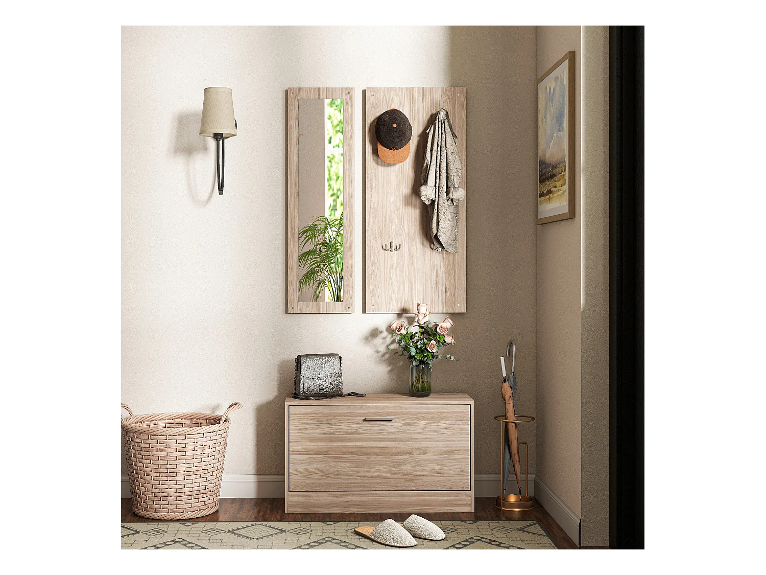 Set da ingresso con panca scarpiera appendiabiti e specchio in legno