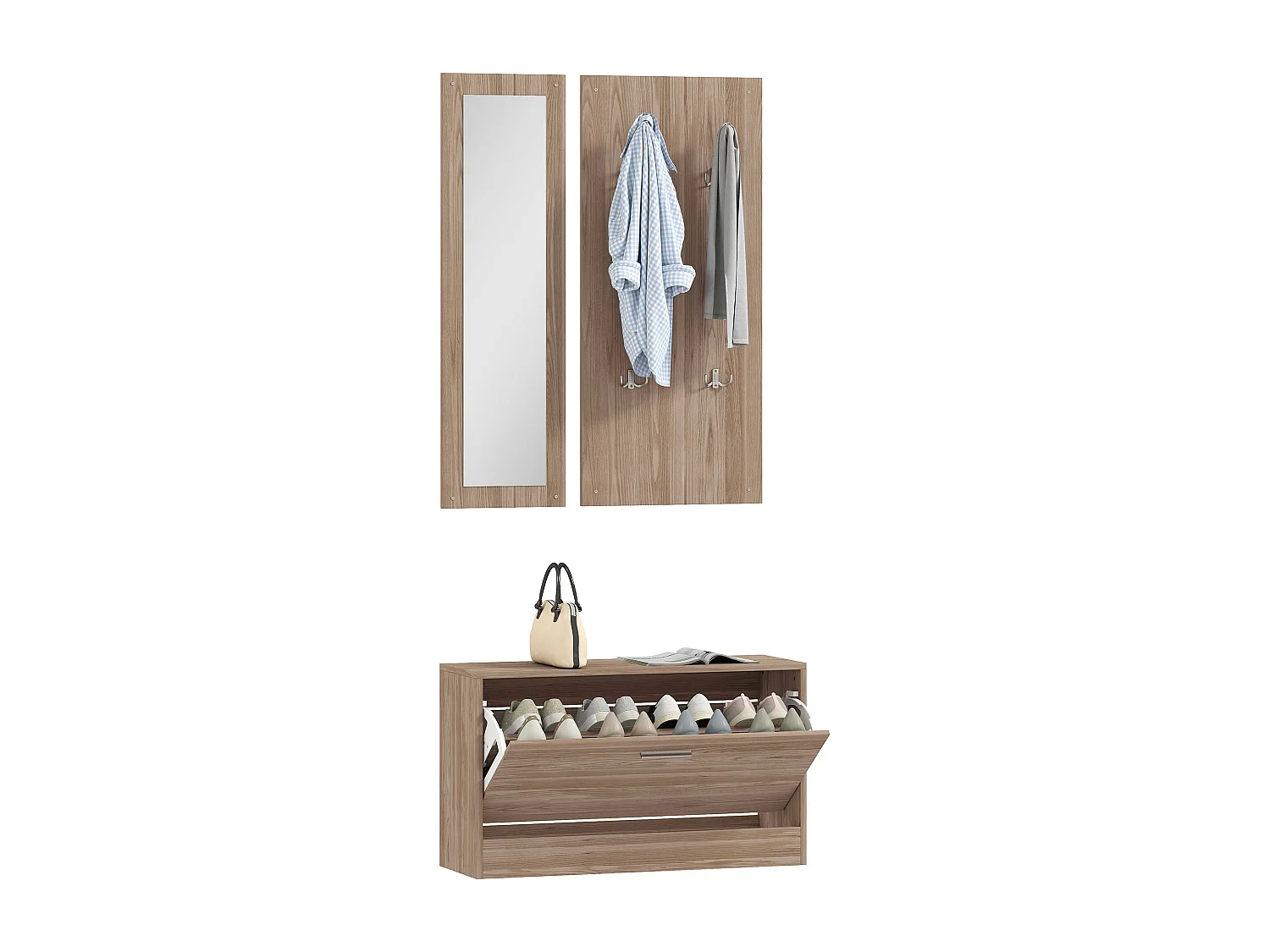 Set da ingresso con panca scarpiera appendiabiti e specchio in legno