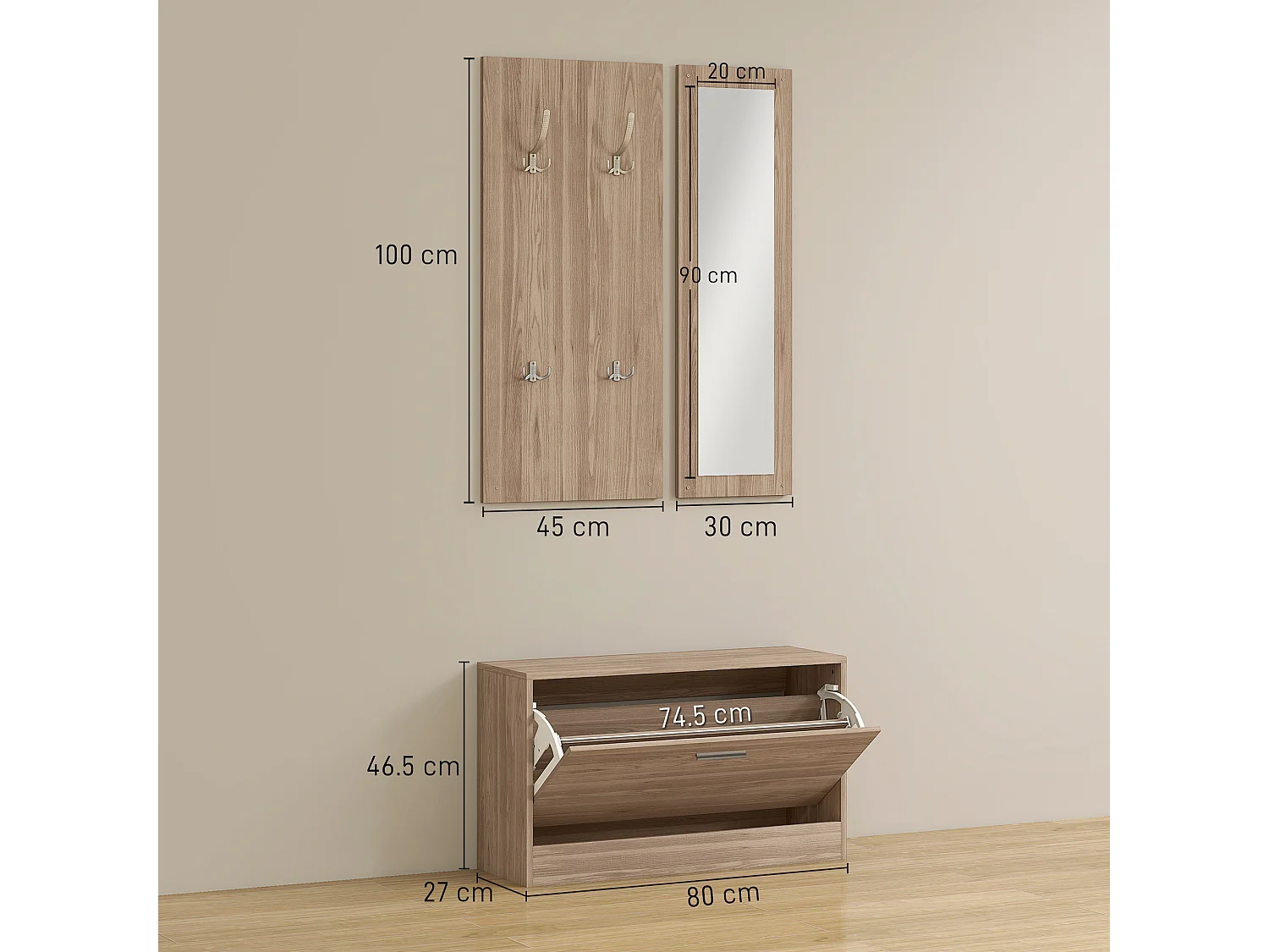 Set da ingresso con panca scarpiera appendiabiti e specchio in legno