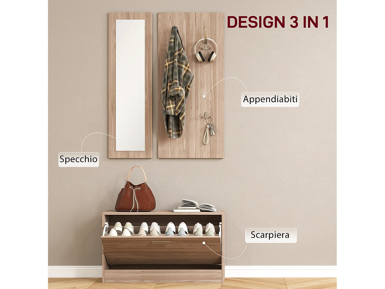 Set da ingresso con panca scarpiera appendiabiti e specchio in legno