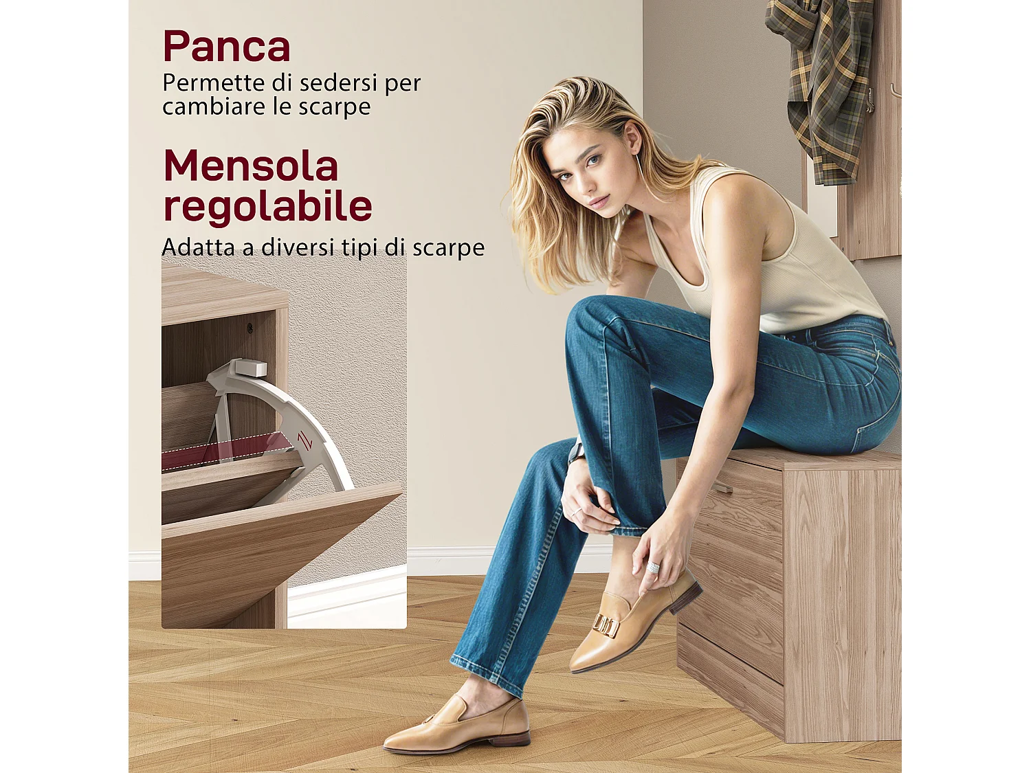 Set da ingresso con panca scarpiera appendiabiti e specchio in legno