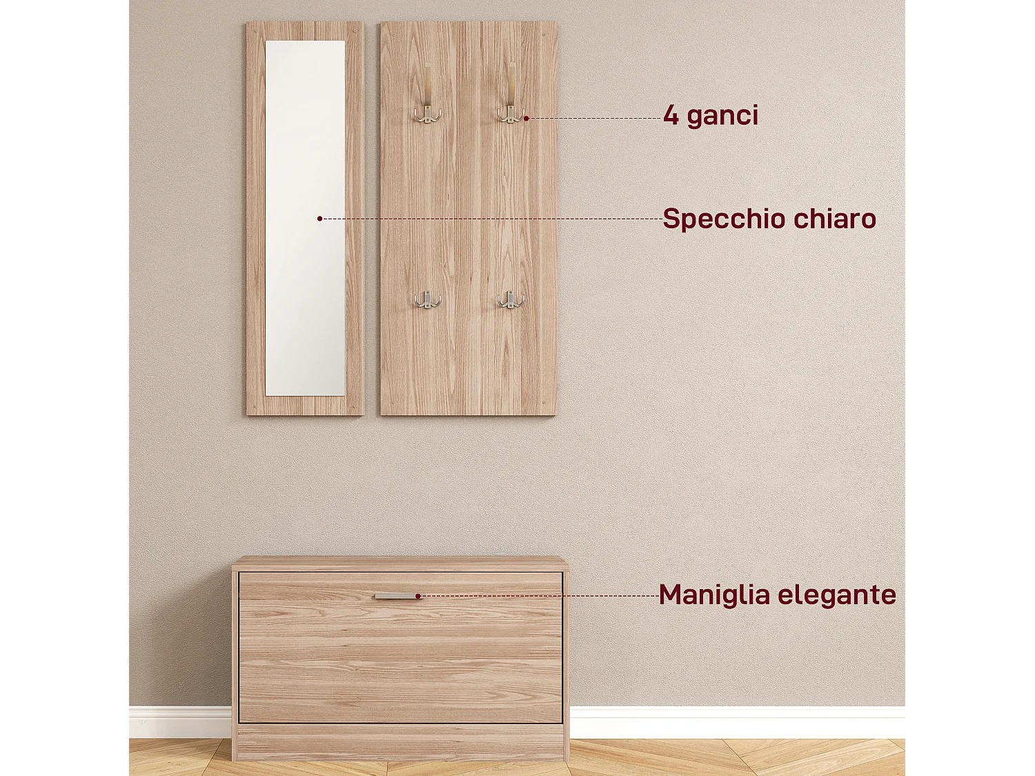 Set da ingresso con panca scarpiera appendiabiti e specchio in legno