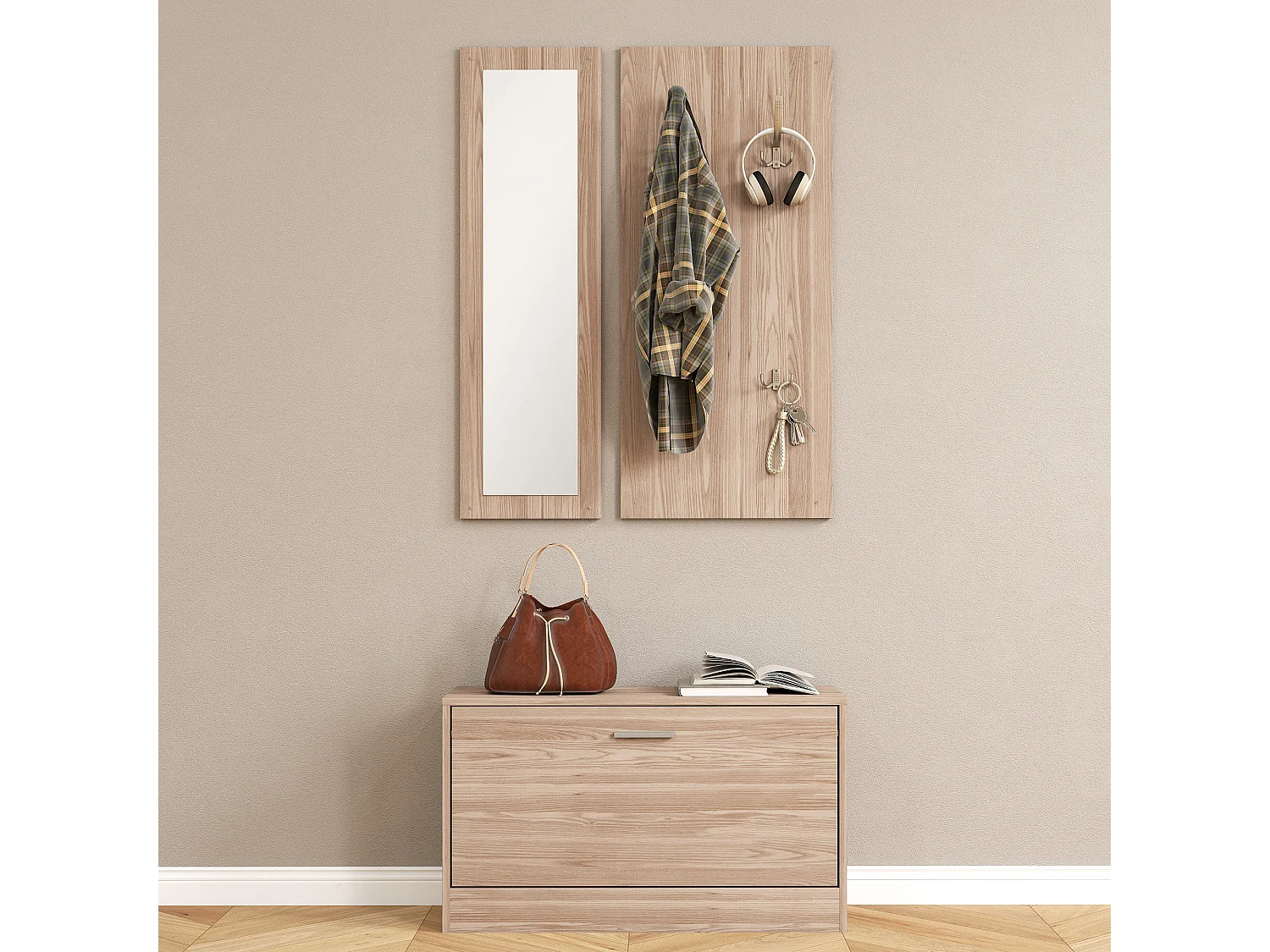 Set da ingresso con panca scarpiera appendiabiti e specchio in legno