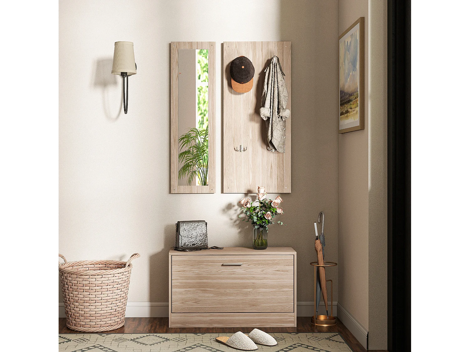 Set da ingresso con panca scarpiera appendiabiti e specchio in legno