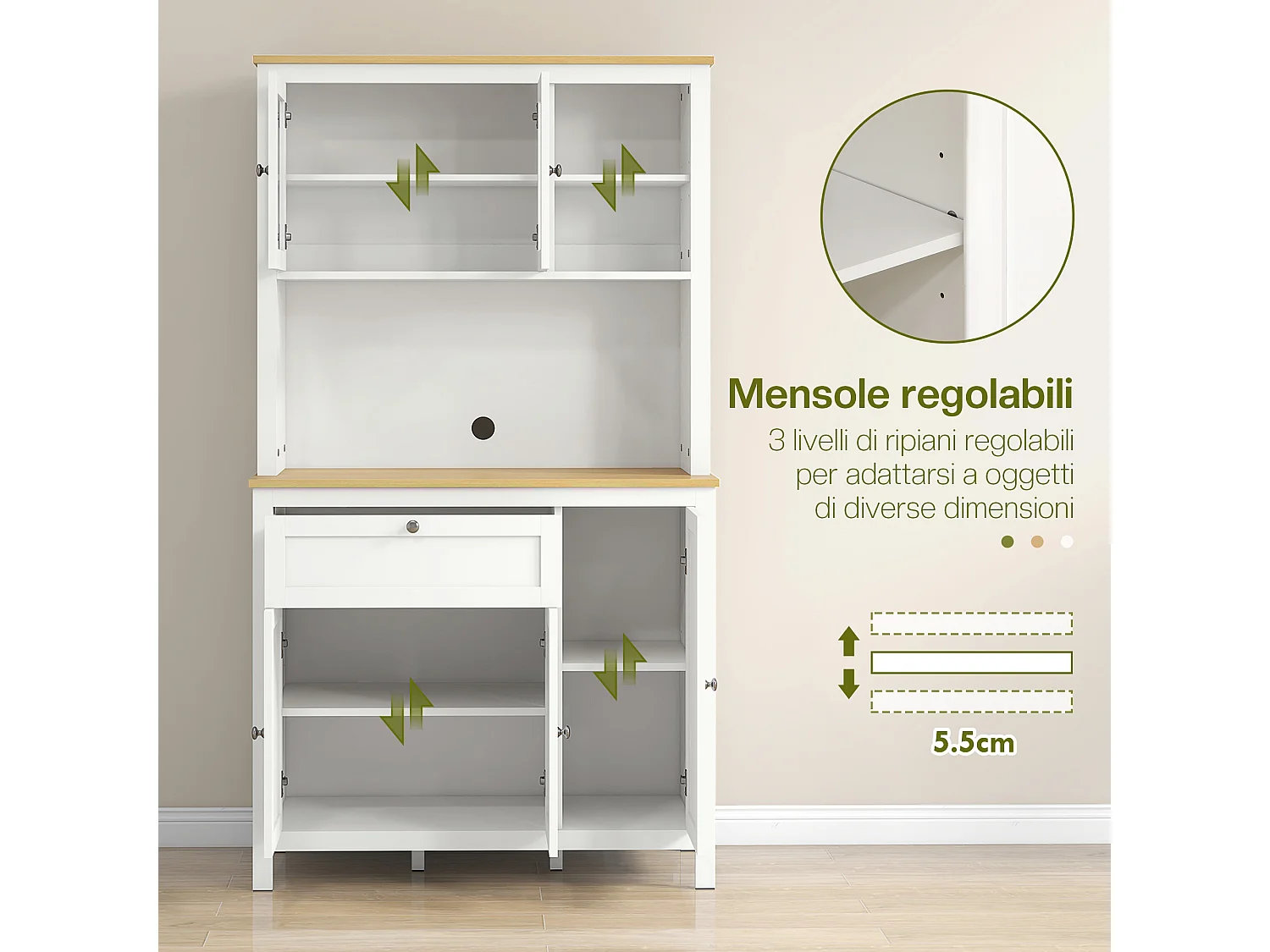 Dispensa cucina con cassetti ripiani aperti scaffali regolabili bianco