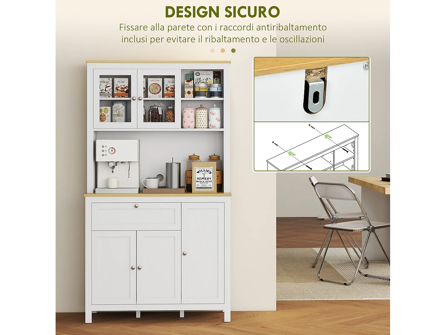 Dispensa cucina con cassetti ripiani aperti scaffali regolabili bianco