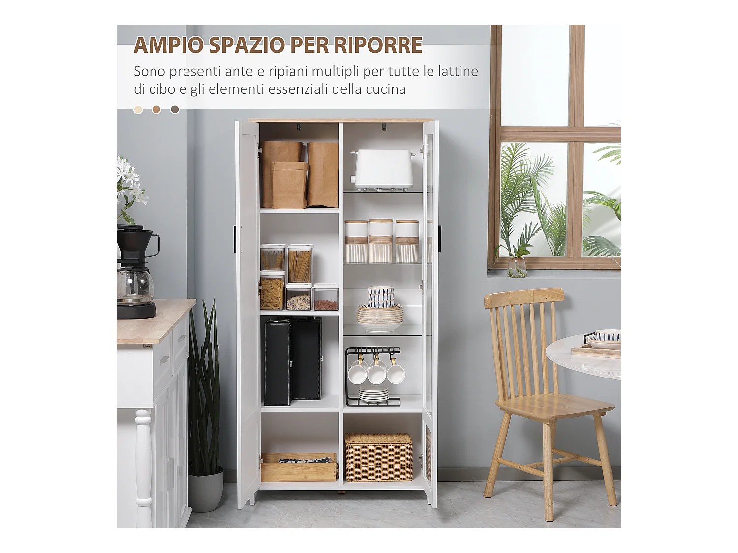 Credenza cucina 2 ante in legno e vetro con mensole regolabili