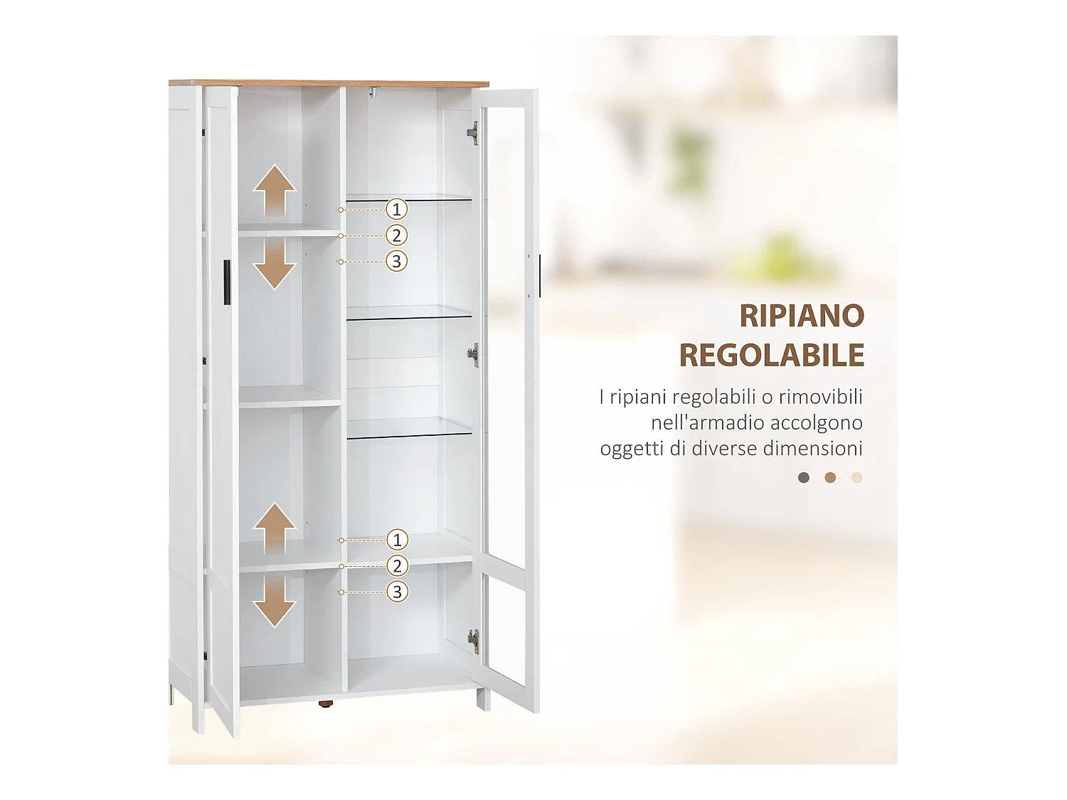 Credenza cucina 2 ante in legno e vetro con mensole regolabili