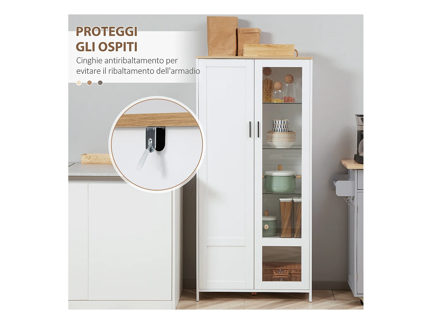 Credenza cucina 2 ante in legno e vetro con mensole regolabili