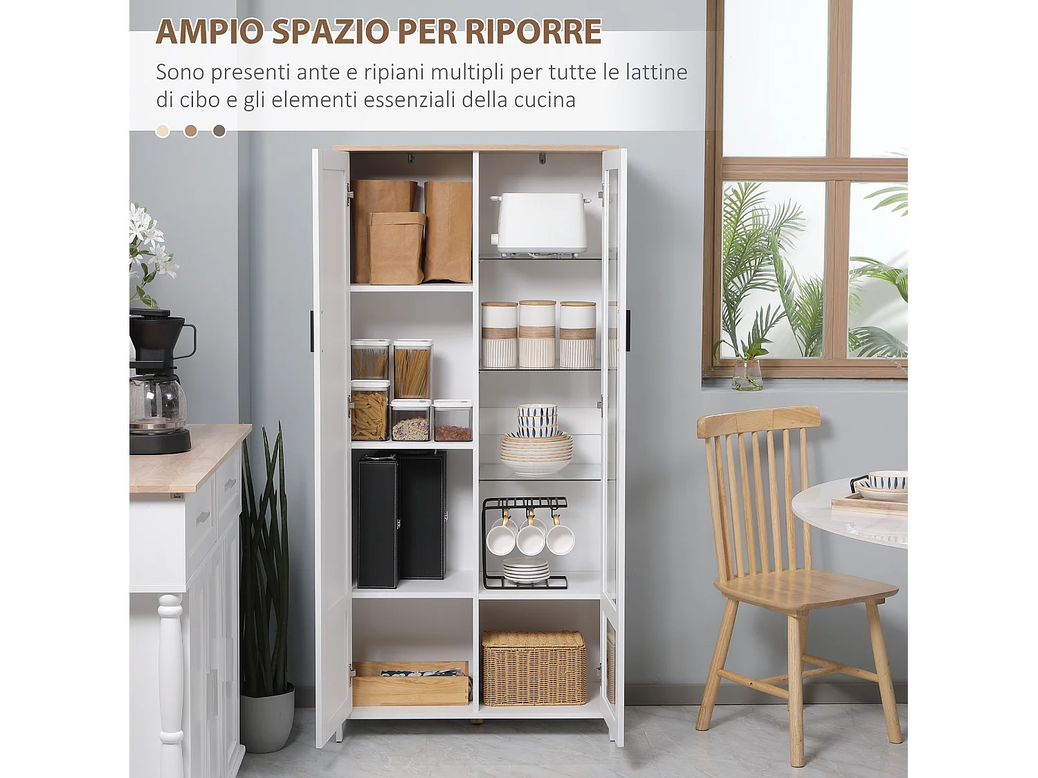 Credenza cucina 2 ante in legno e vetro con mensole regolabili