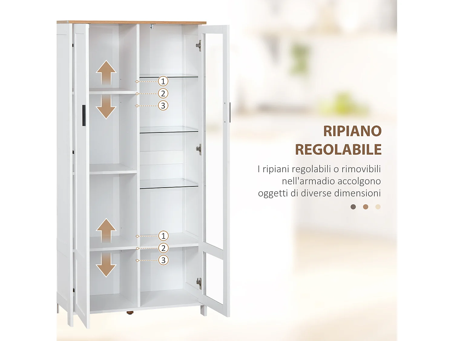 Credenza cucina 2 ante in legno e vetro con mensole regolabili