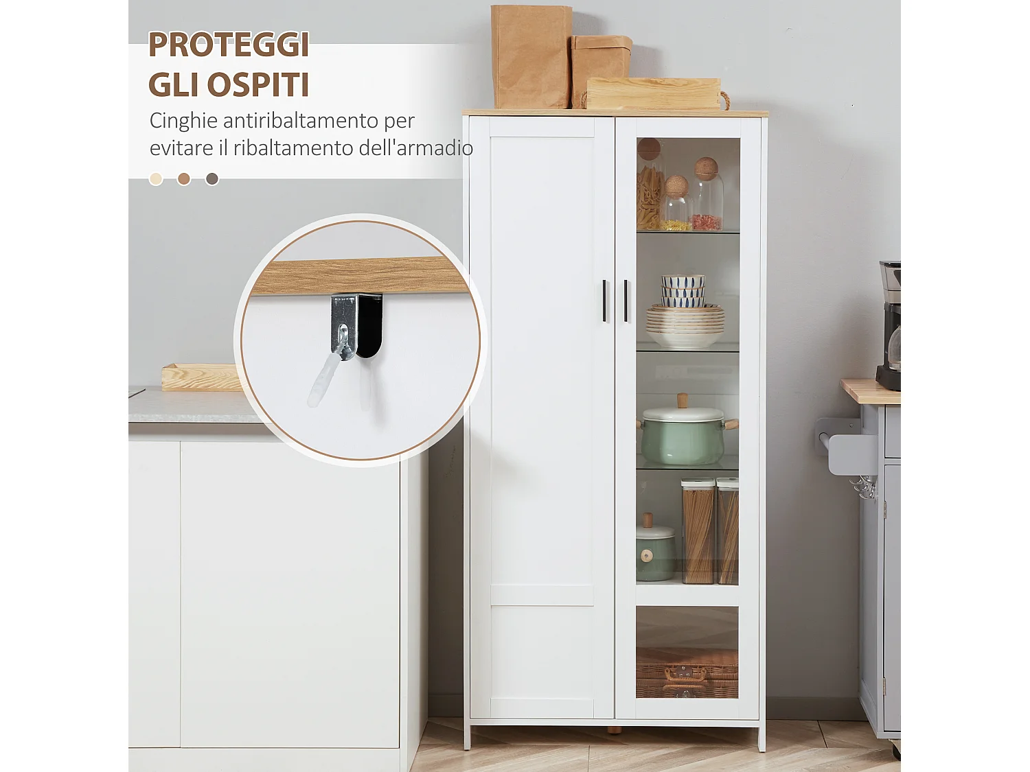 Credenza cucina 2 ante in legno e vetro con mensole regolabili