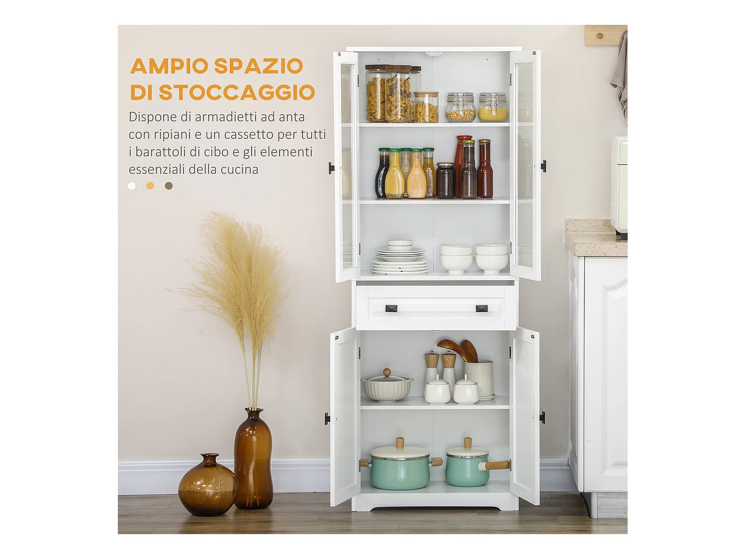 Credenza cucina alta con 2 armadietti e cassetto 60x30x160cm bianco
