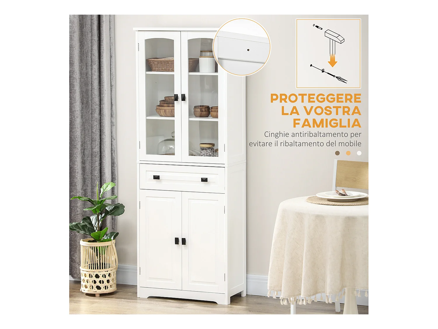 Credenza cucina alta con 2 armadietti e cassetto 60x30x160cm bianco