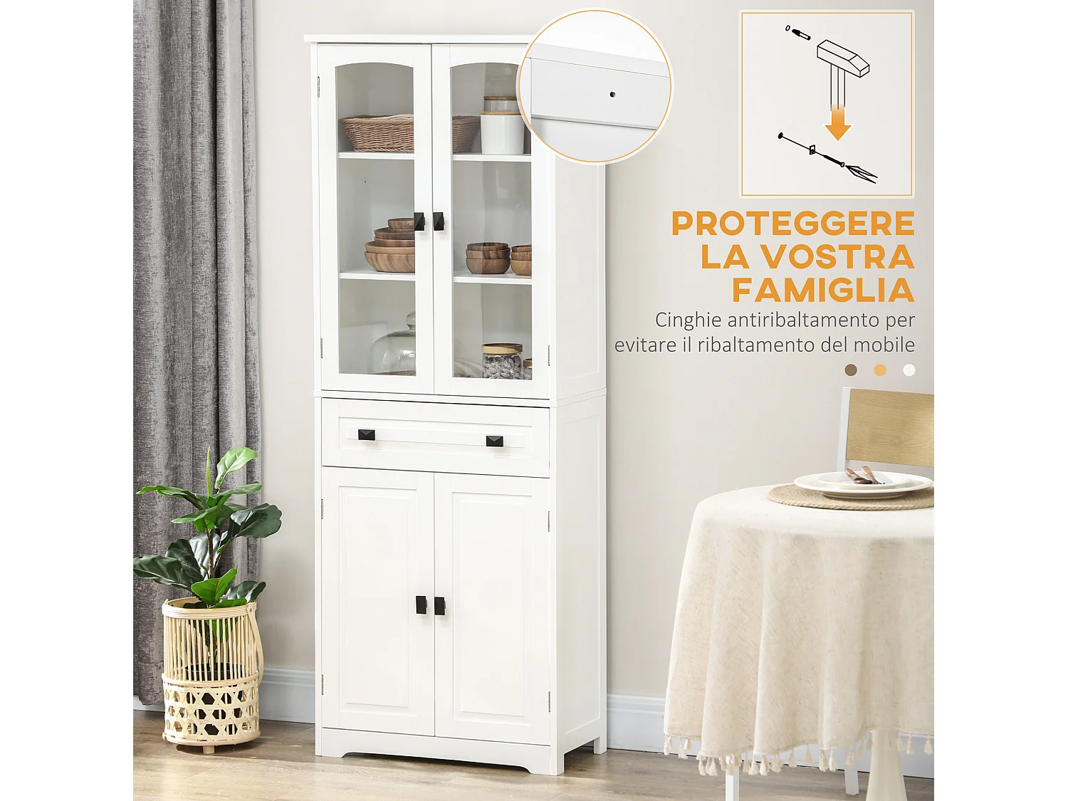 Credenza cucina alta con 2 armadietti e cassetto 60x30x160cm bianco