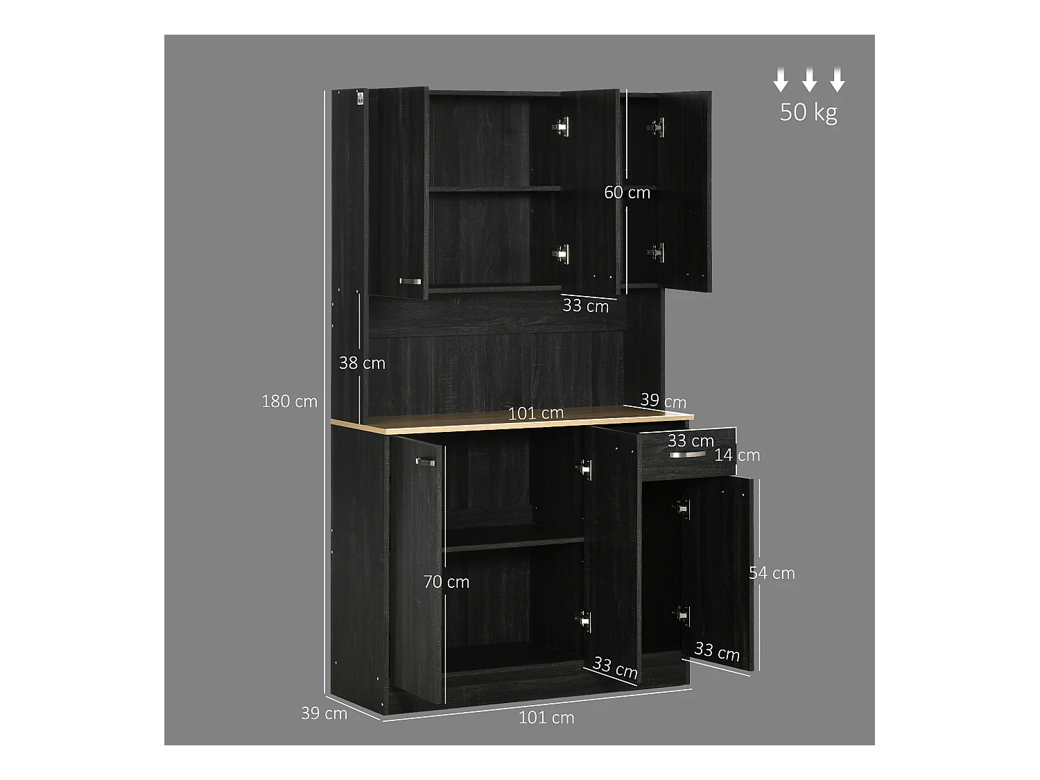 Credenza alta da cucina con cassetti e armadietti in legno nero