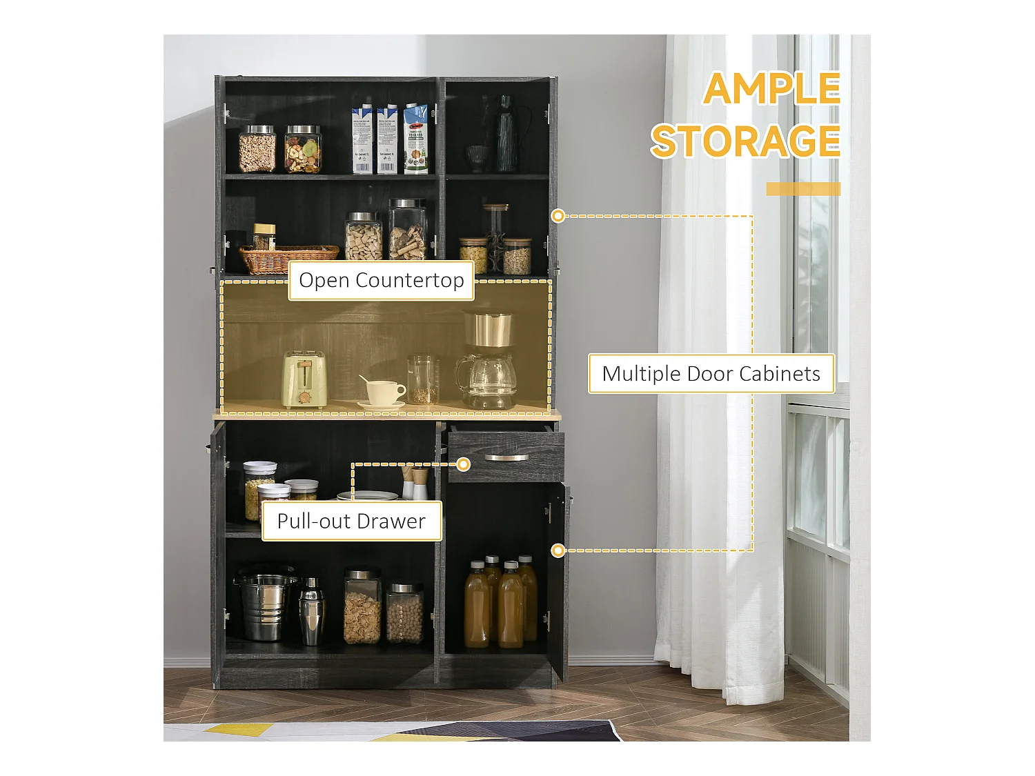 Credenza alta da cucina con cassetti e armadietti in legno nero