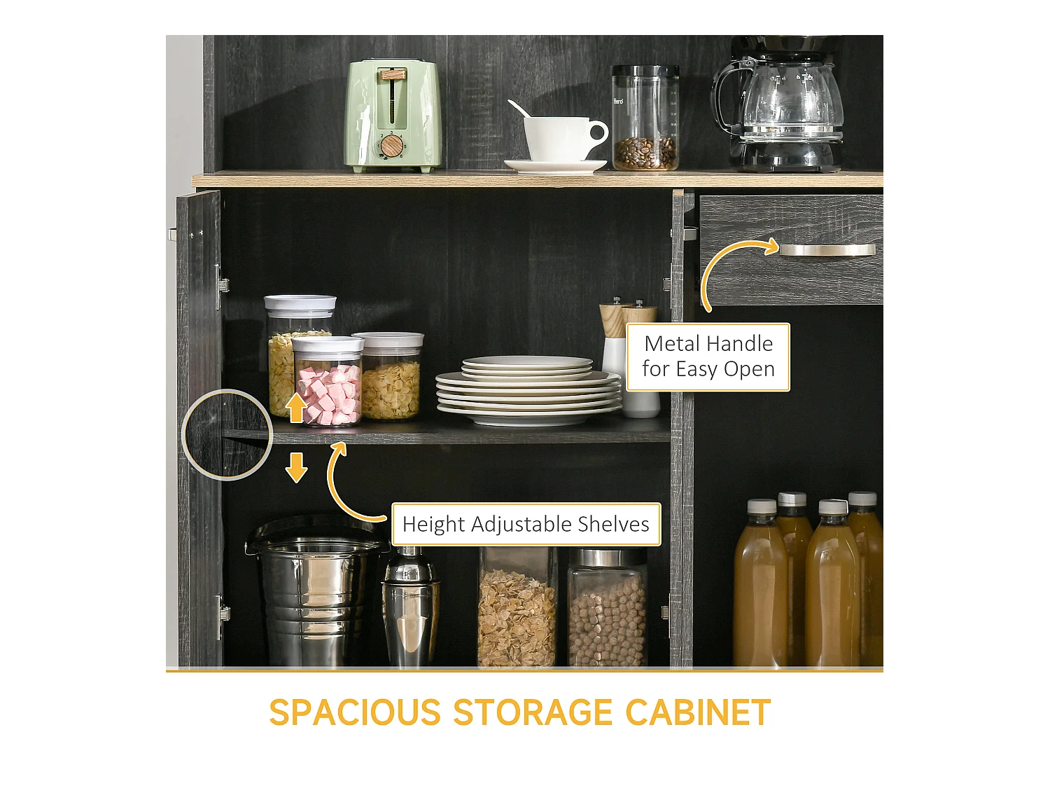 Credenza alta da cucina con cassetti e armadietti in legno nero