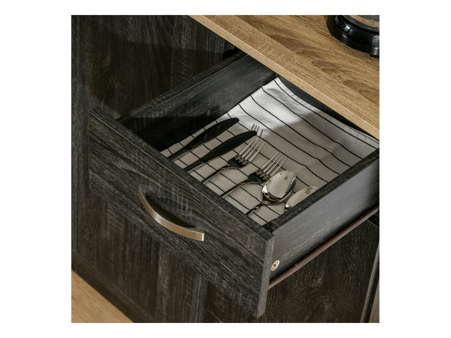 Credenza alta da cucina con cassetti e armadietti in legno nero