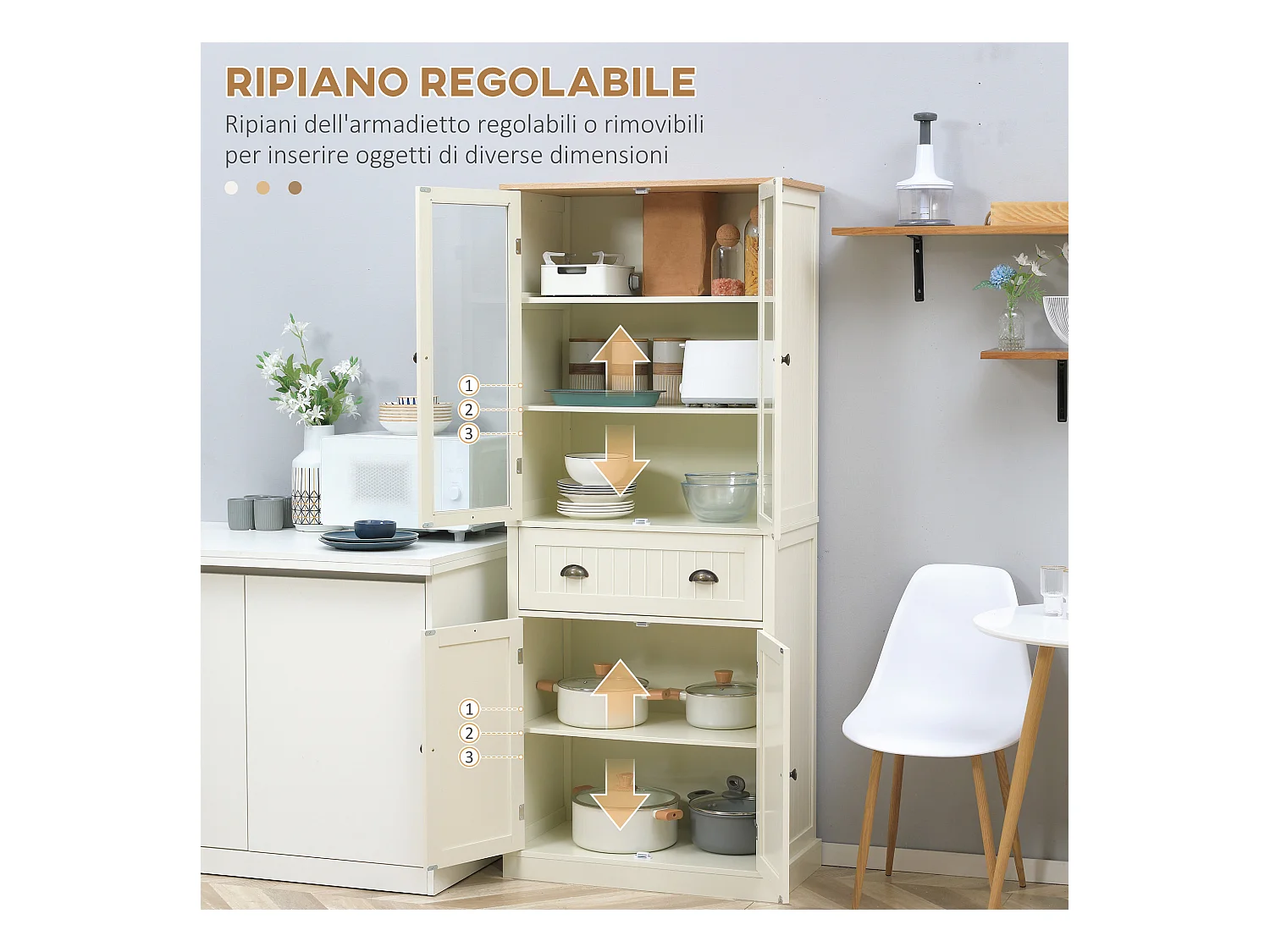 Mobile dispensa a 5 livelli con cassetto centrale bianco crema