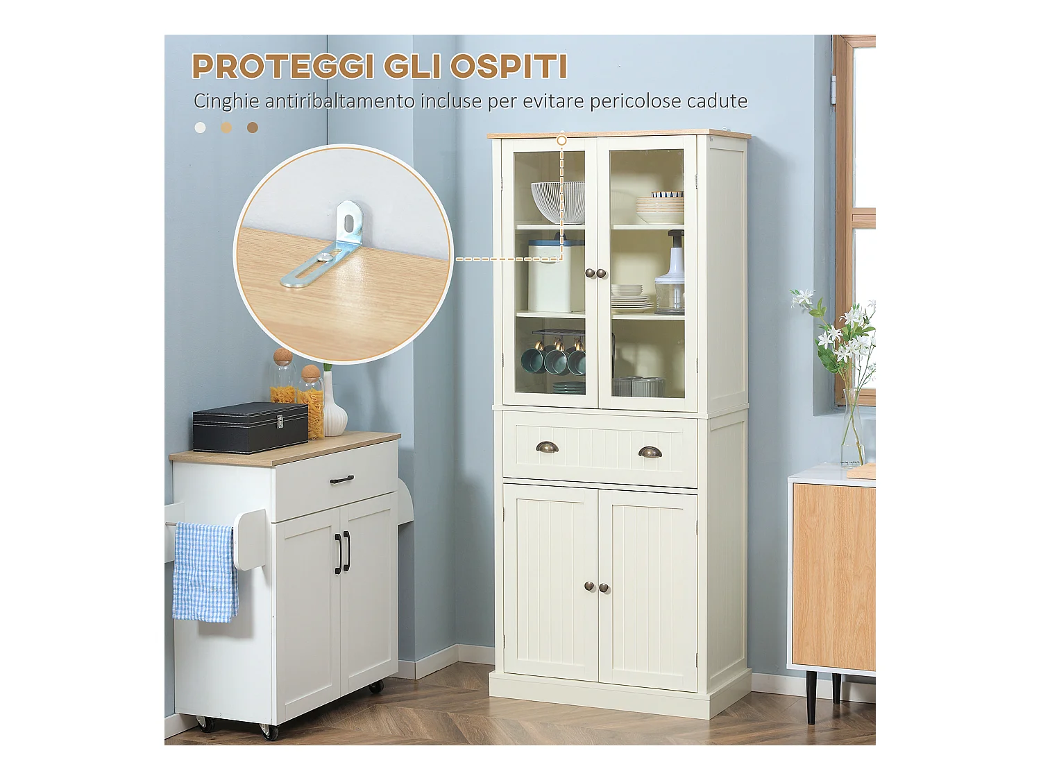 Mobile dispensa a 5 livelli con cassetto centrale bianco crema