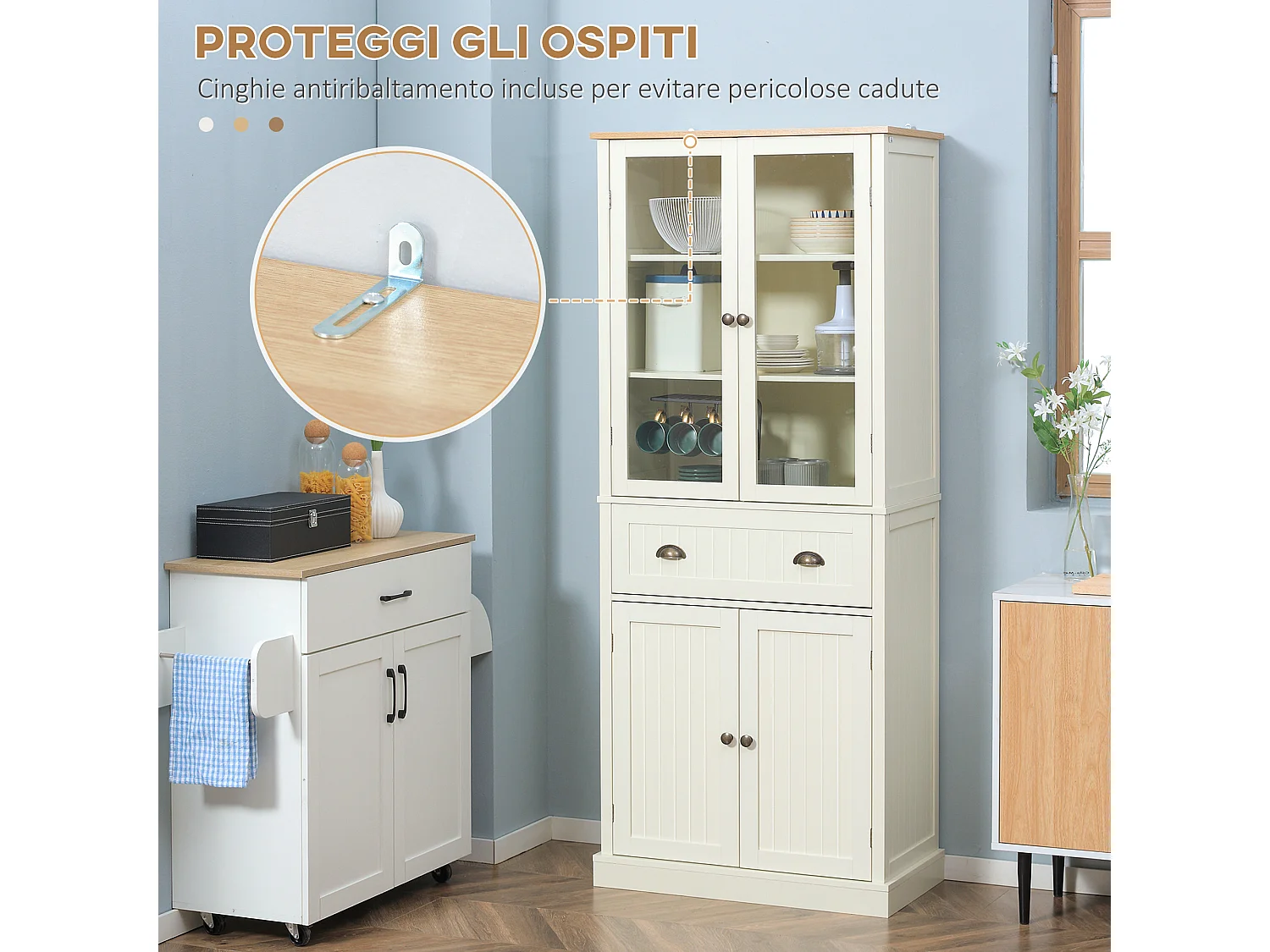 Mobile dispensa a 5 livelli con cassetto centrale bianco crema