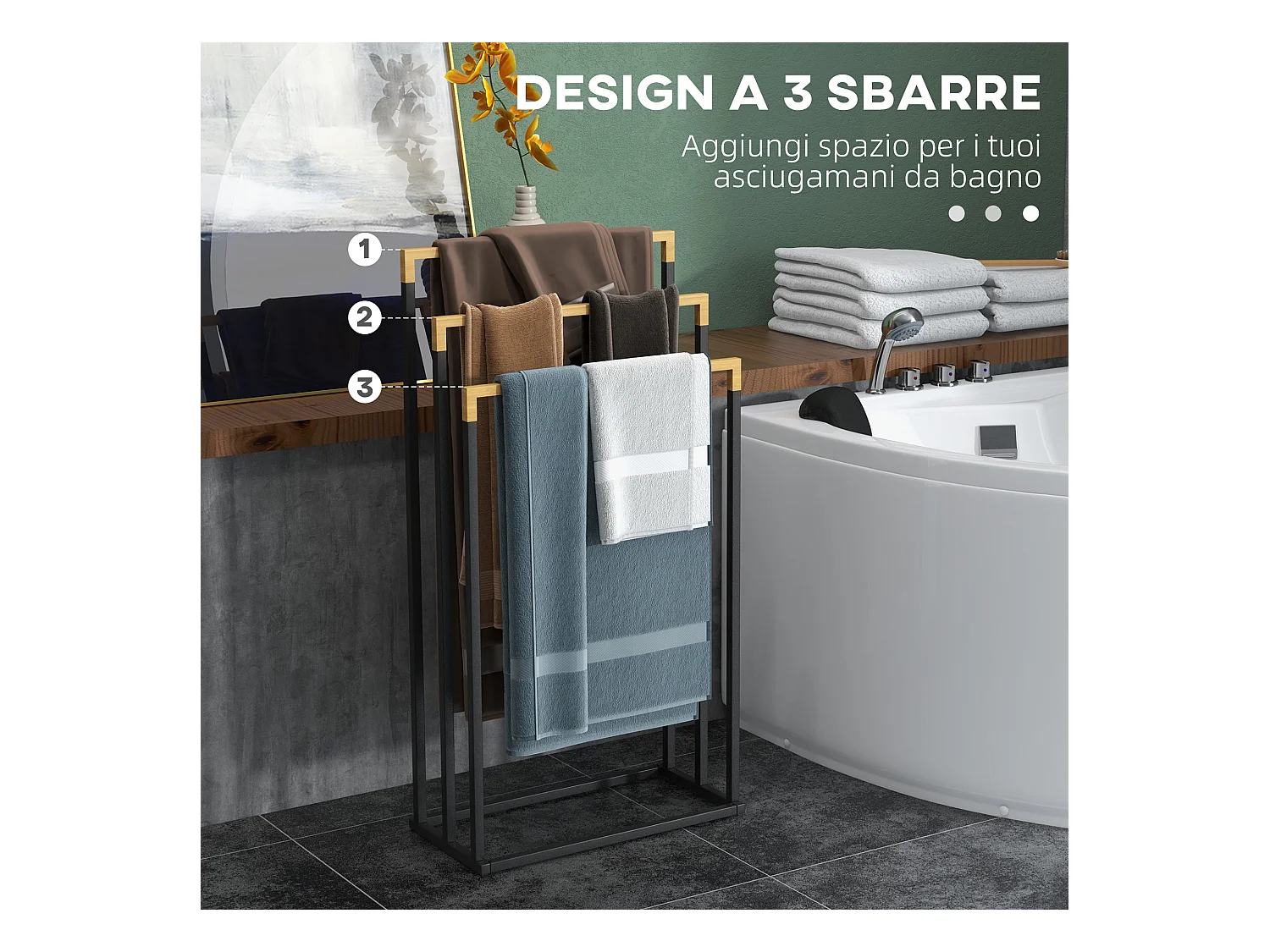 Portasciugamani a 3 sbarre in bambù e acciaio nero e legno