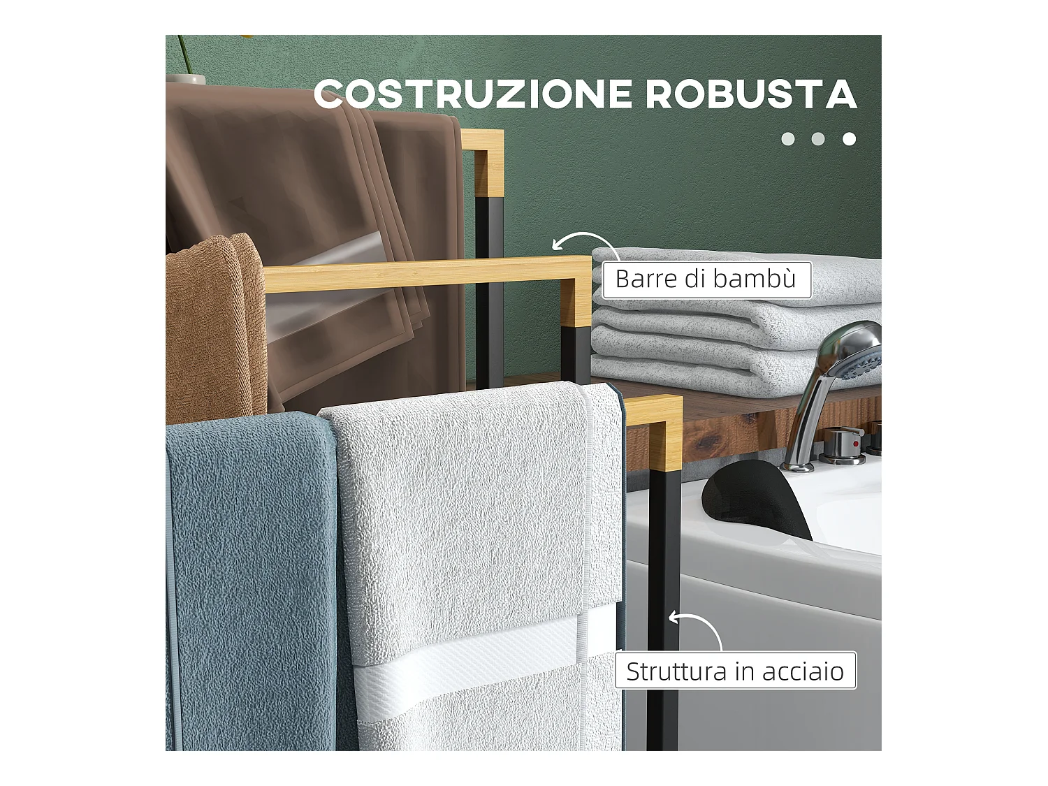 Portasciugamani a 3 sbarre in bambù e acciaio nero e legno