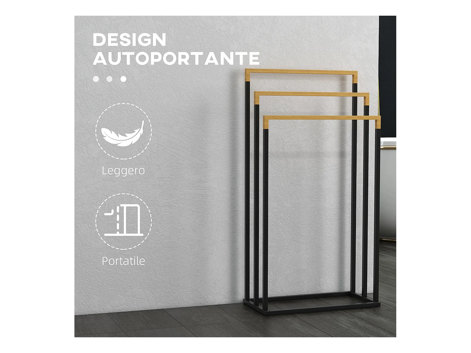 Portasciugamani a 3 sbarre in bambù e acciaio nero e legno