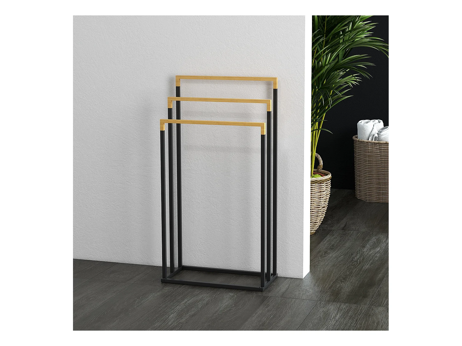 Portasciugamani a 3 sbarre in bambù e acciaio nero e legno