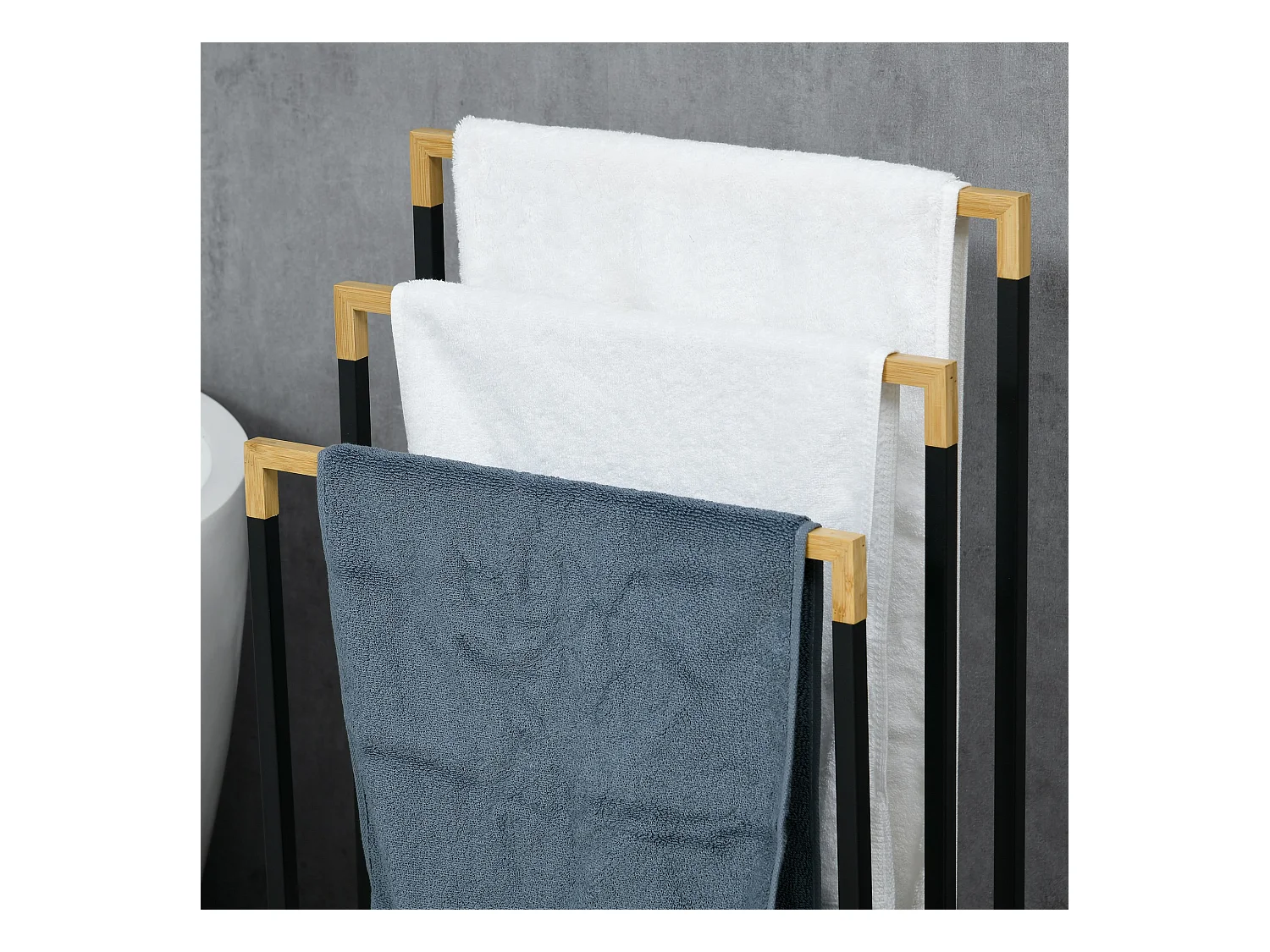 Portasciugamani a 3 sbarre in bambù e acciaio nero e legno