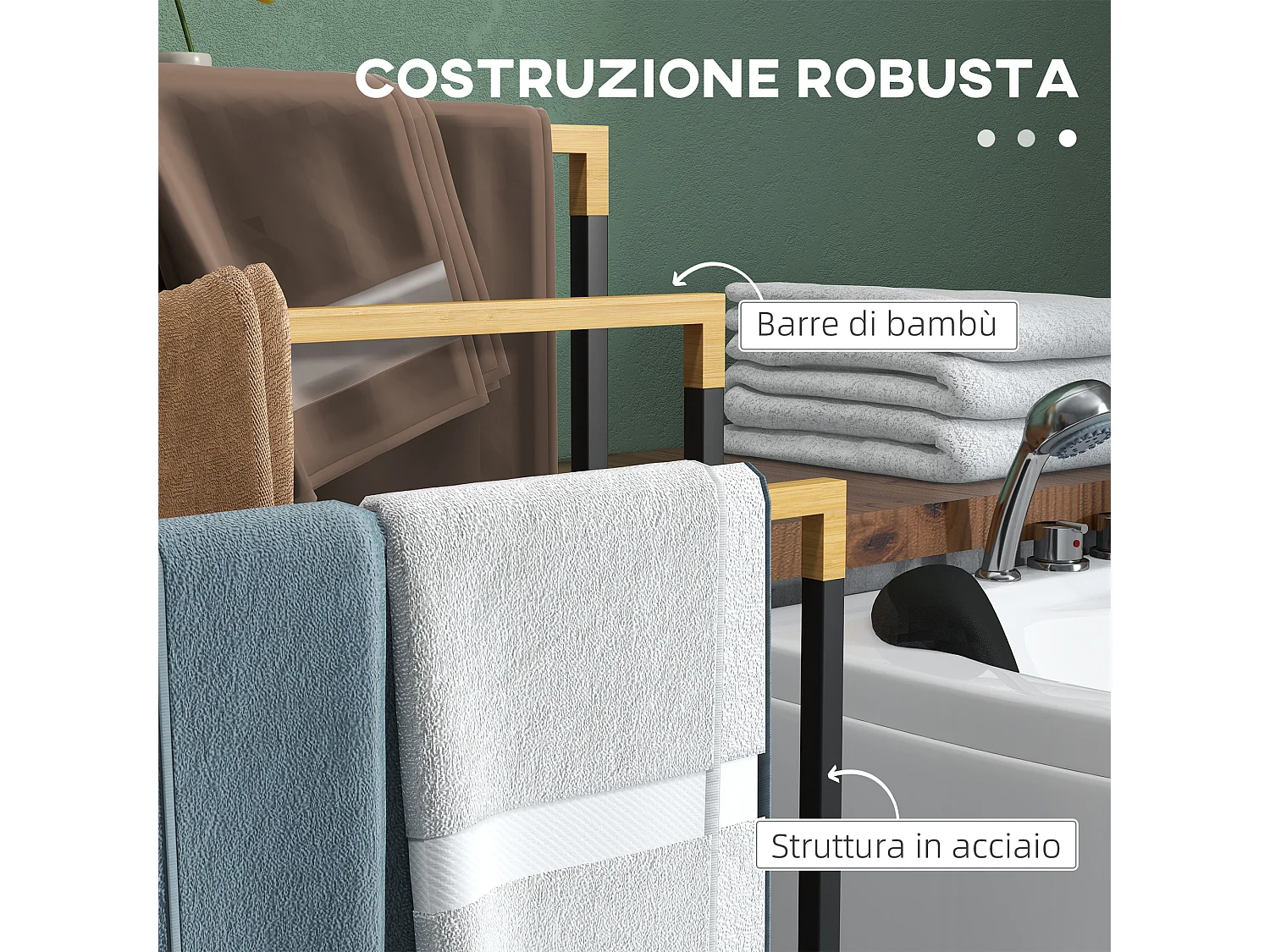 Portasciugamani a 3 sbarre in bambù e acciaio nero e legno