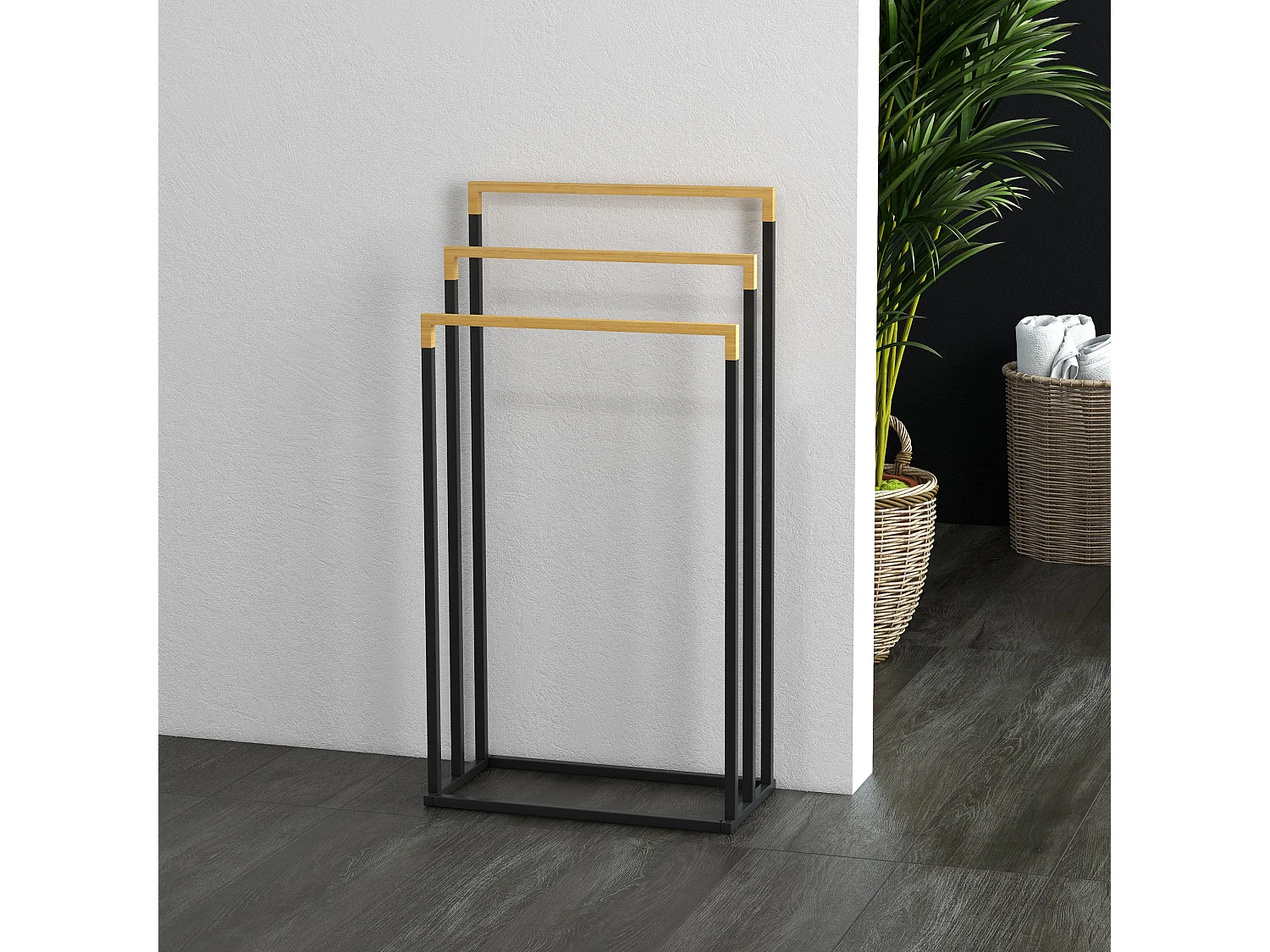 Portasciugamani a 3 sbarre in bambù e acciaio nero e legno