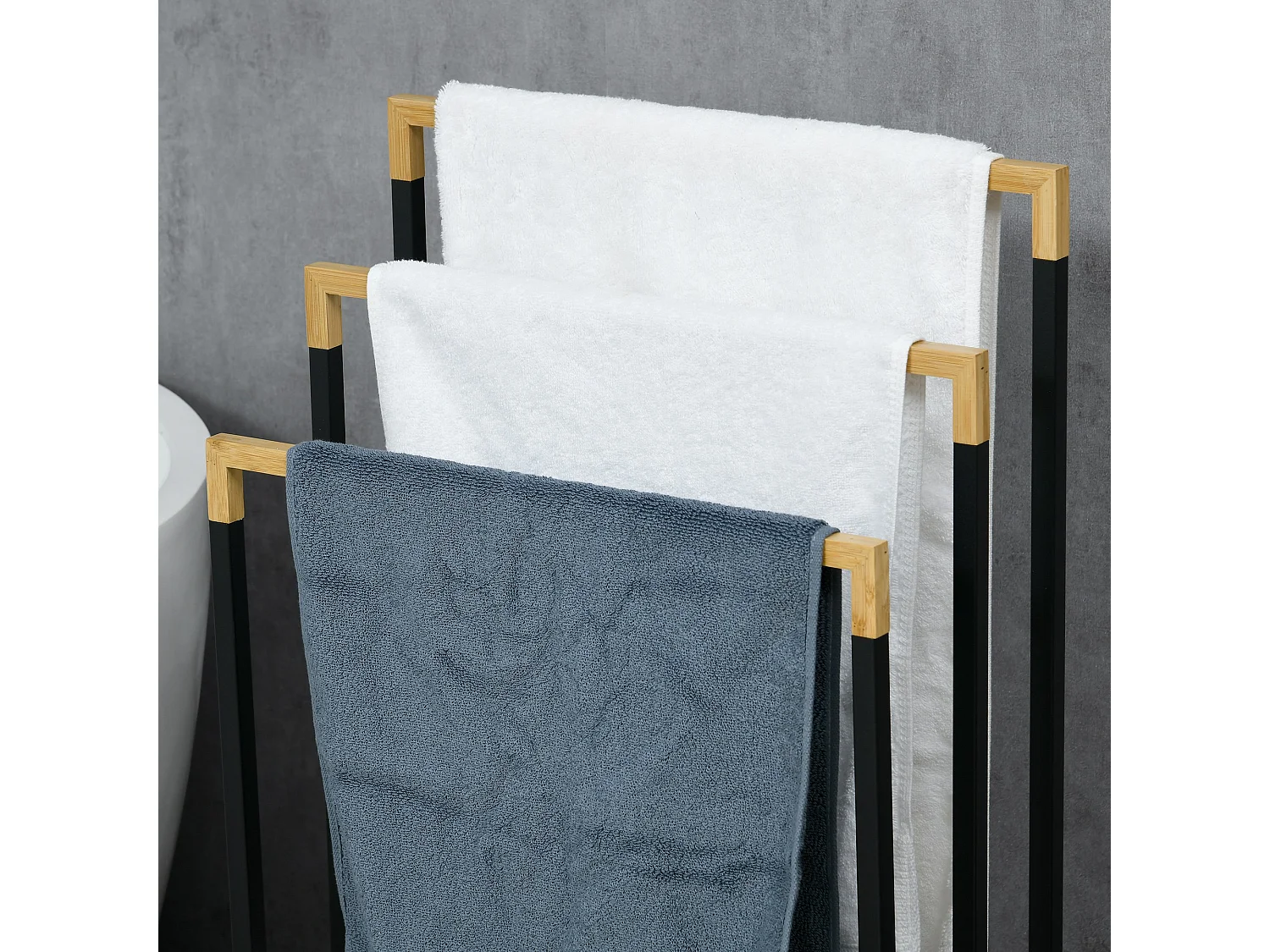 Portasciugamani a 3 sbarre in bambù e acciaio nero e legno
