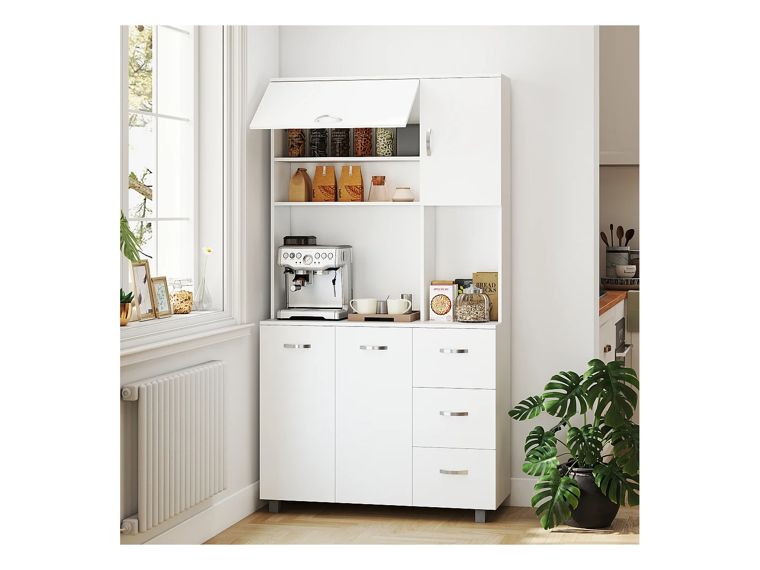 Credenza cucina moderna con cassetti armadietti e ripiani in legno